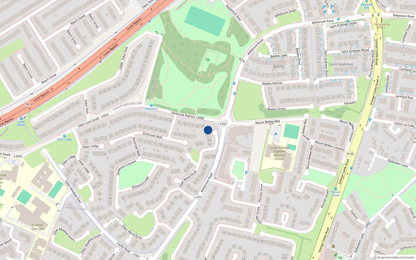 Overhead map showing the location of 77 Esker Wood Drive, Lucan