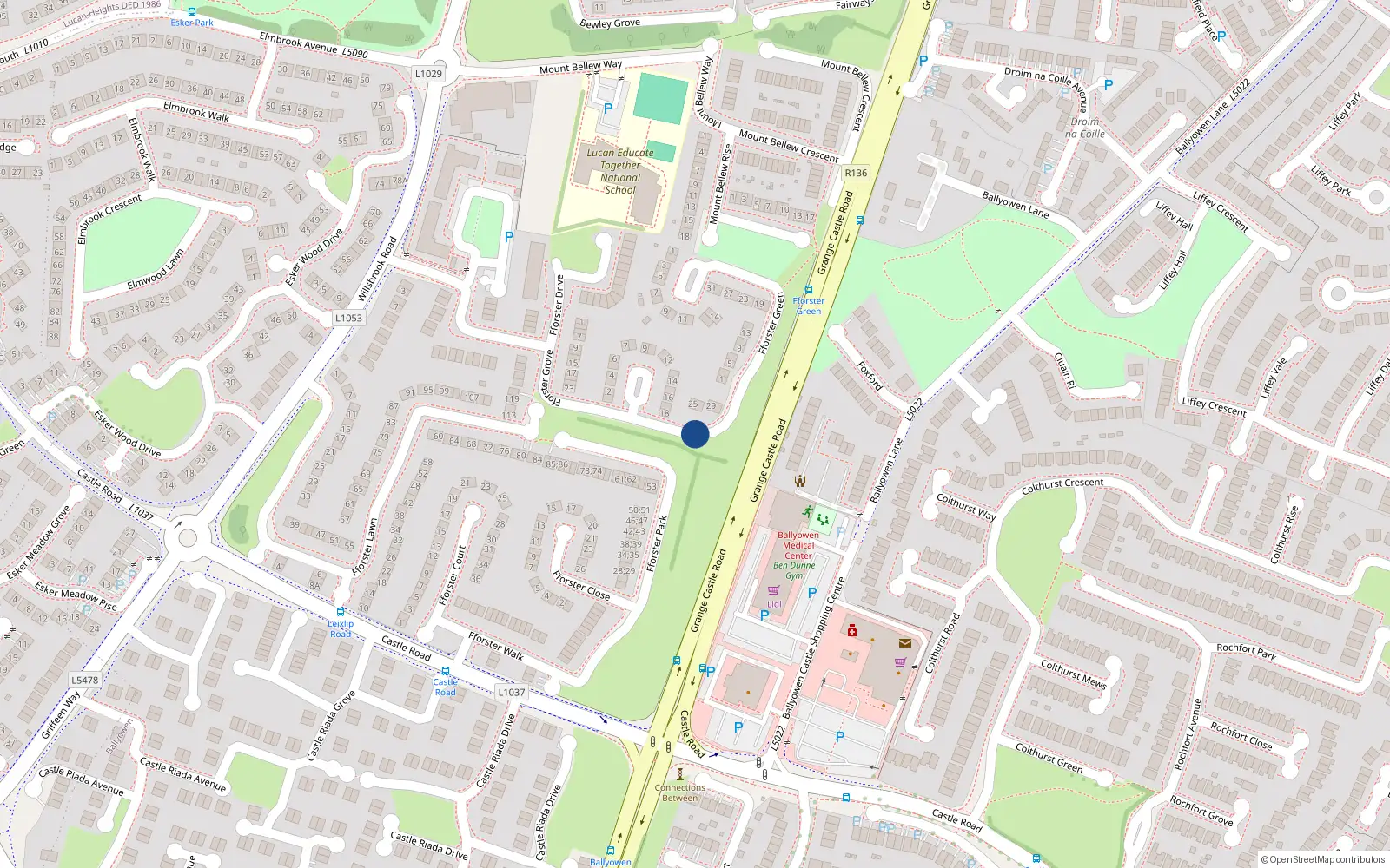 Overhead map showing the location of 77 Fforester Lawns, Lucan