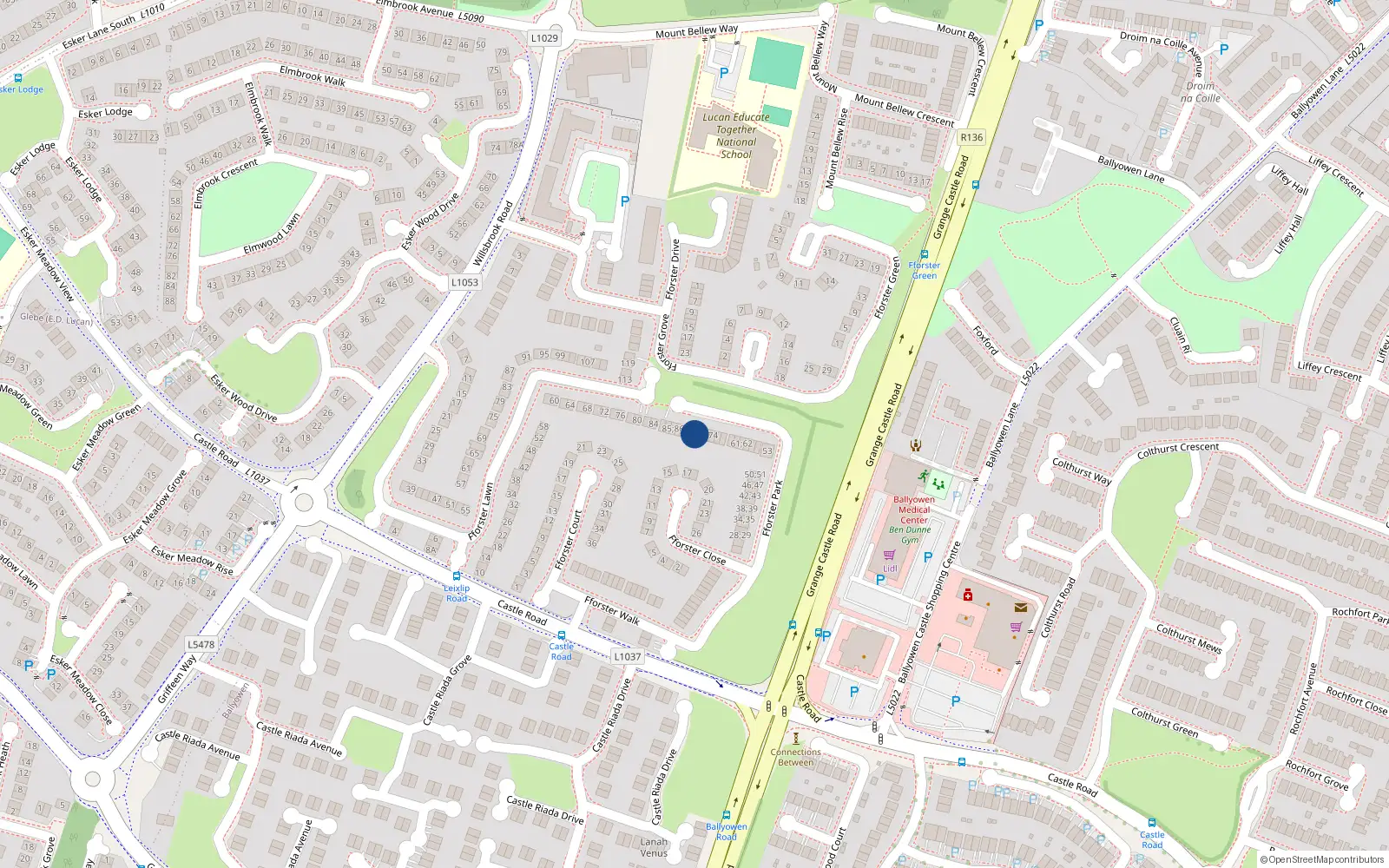 Overhead map showing the location of 77 Fforster Park, Lucan