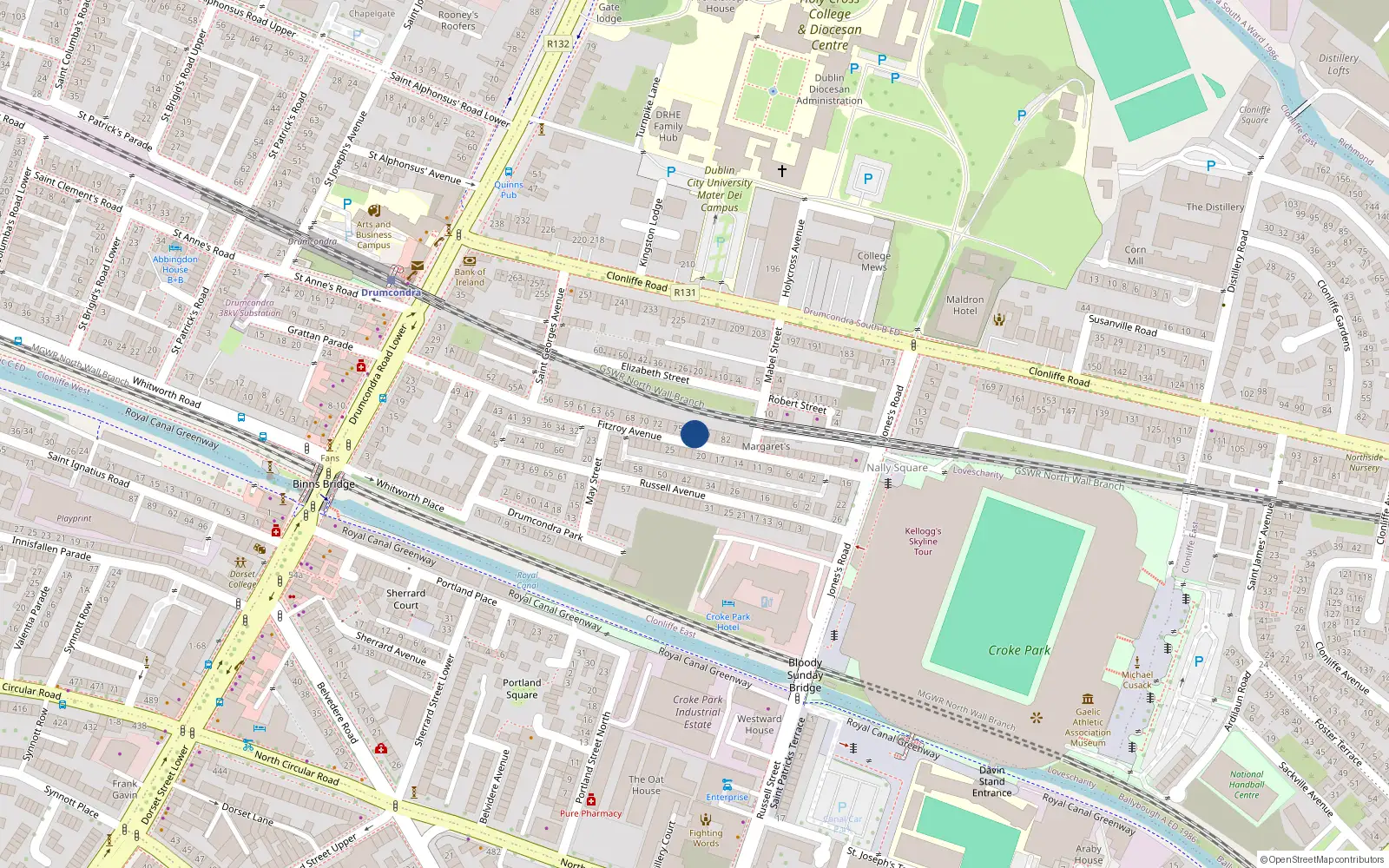 Overhead map showing the location of 77 Fitzroy Avenue, Drumcondra, Dublin