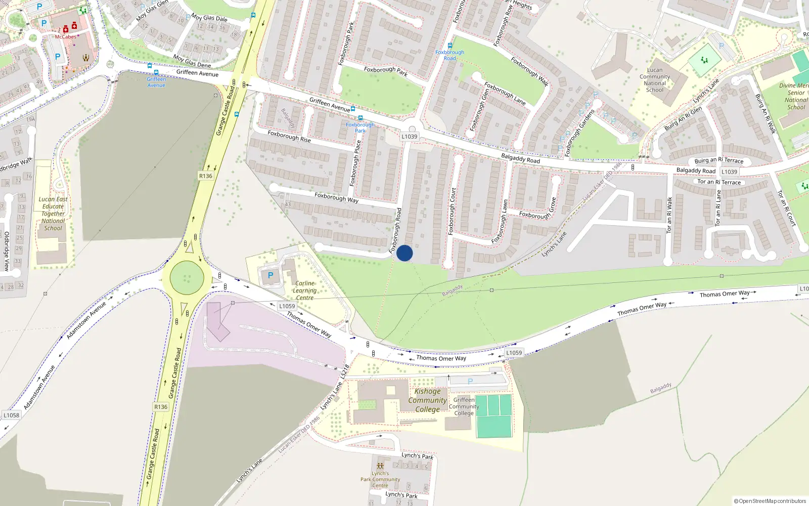 Overhead map showing the location of 77 Foxborough Road, Lucan, Dublin