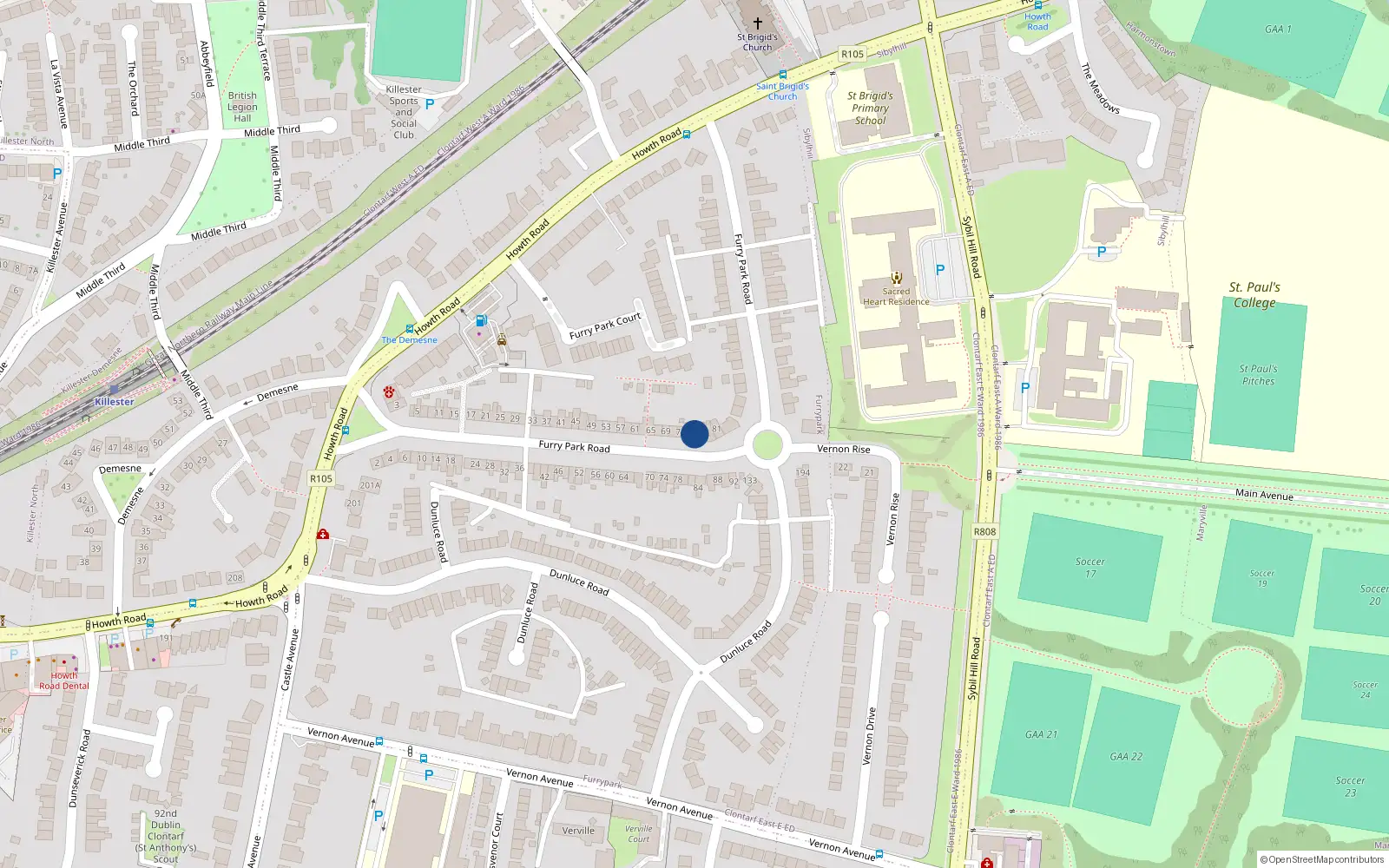 Overhead map showing the location of 77 Furry Park Road, Dublin 5