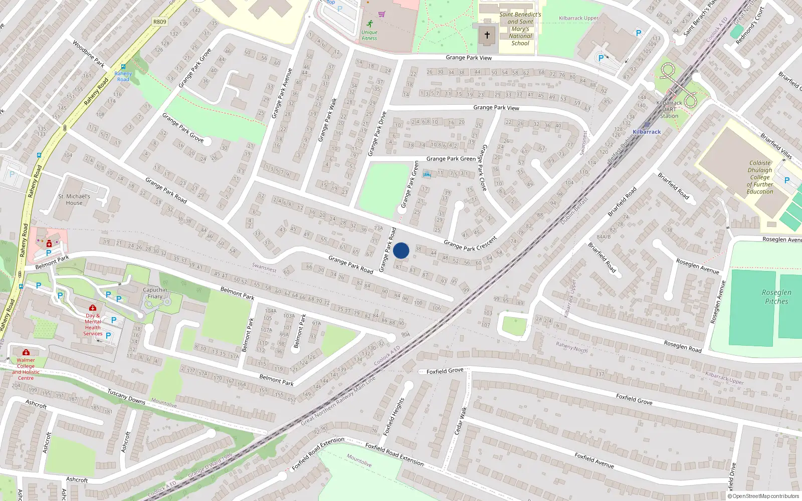 Overhead map showing the location of 77 Grange Park Road, Dublin 5