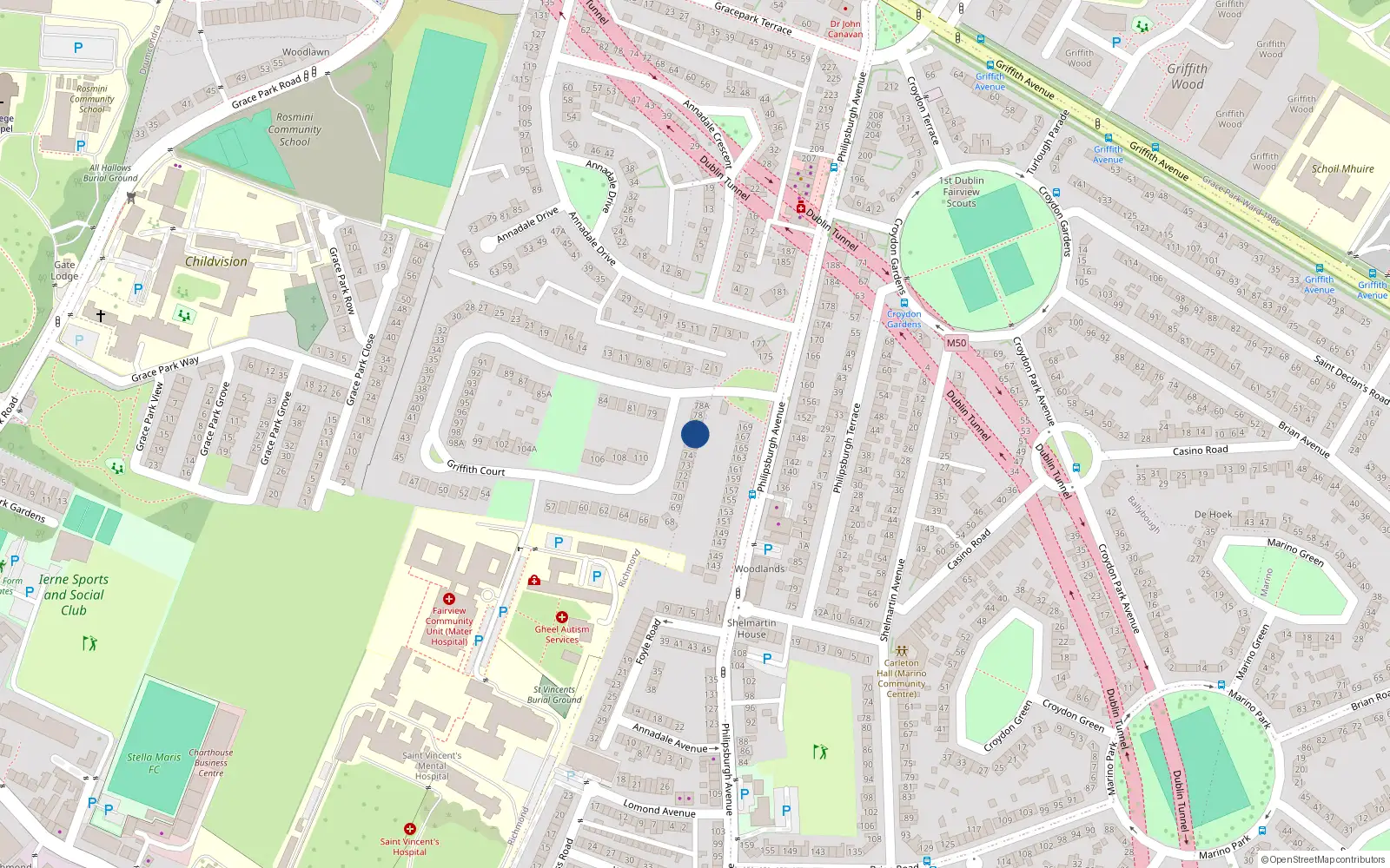 Overhead map showing the location of 77 Griffith Court, Dublin 3
