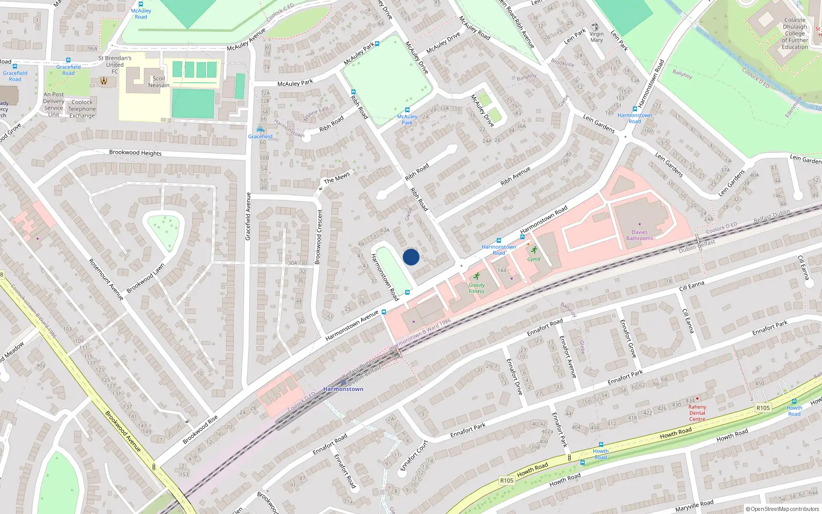 Overhead map showing the location of 77 Harmonstown Road, Dublin 5