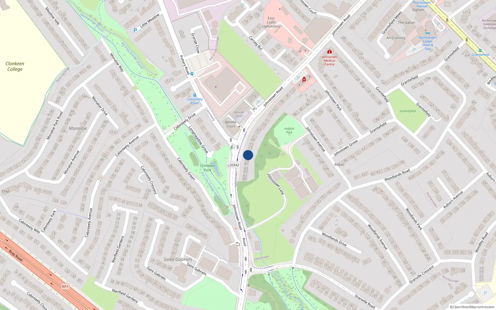 Overhead map showing the location of 77 Johnstown Road, Cabinteely, Glenageary