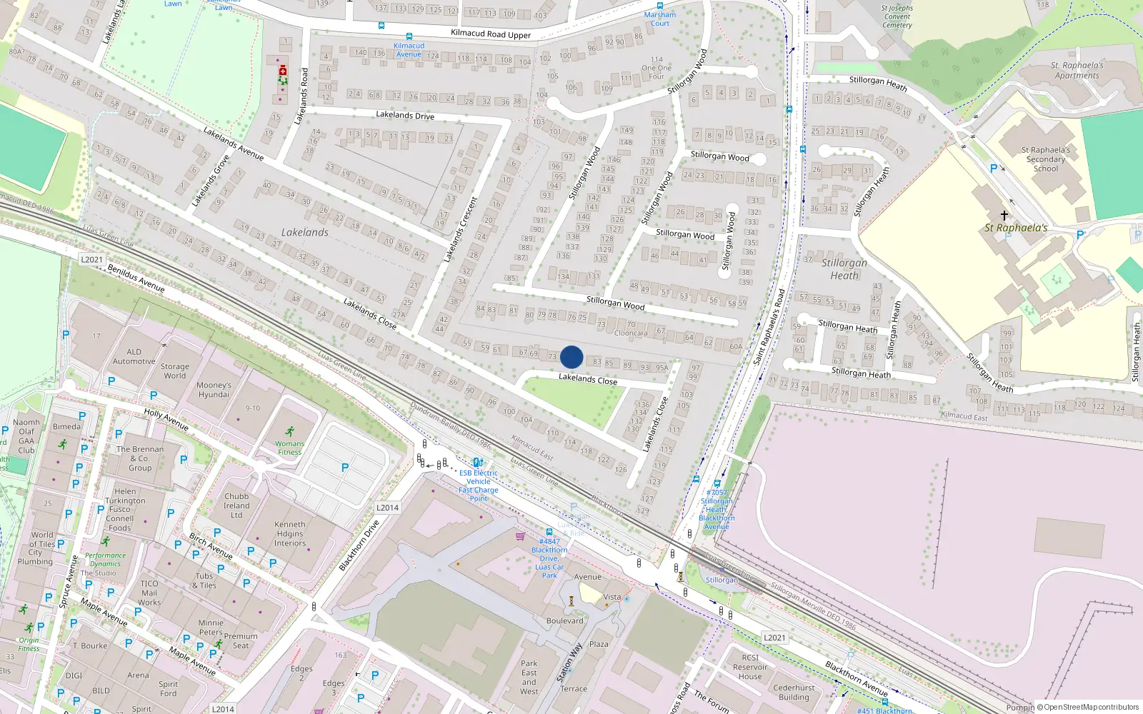 Overhead map showing the location of 77 Lakelands Close, County Dublin