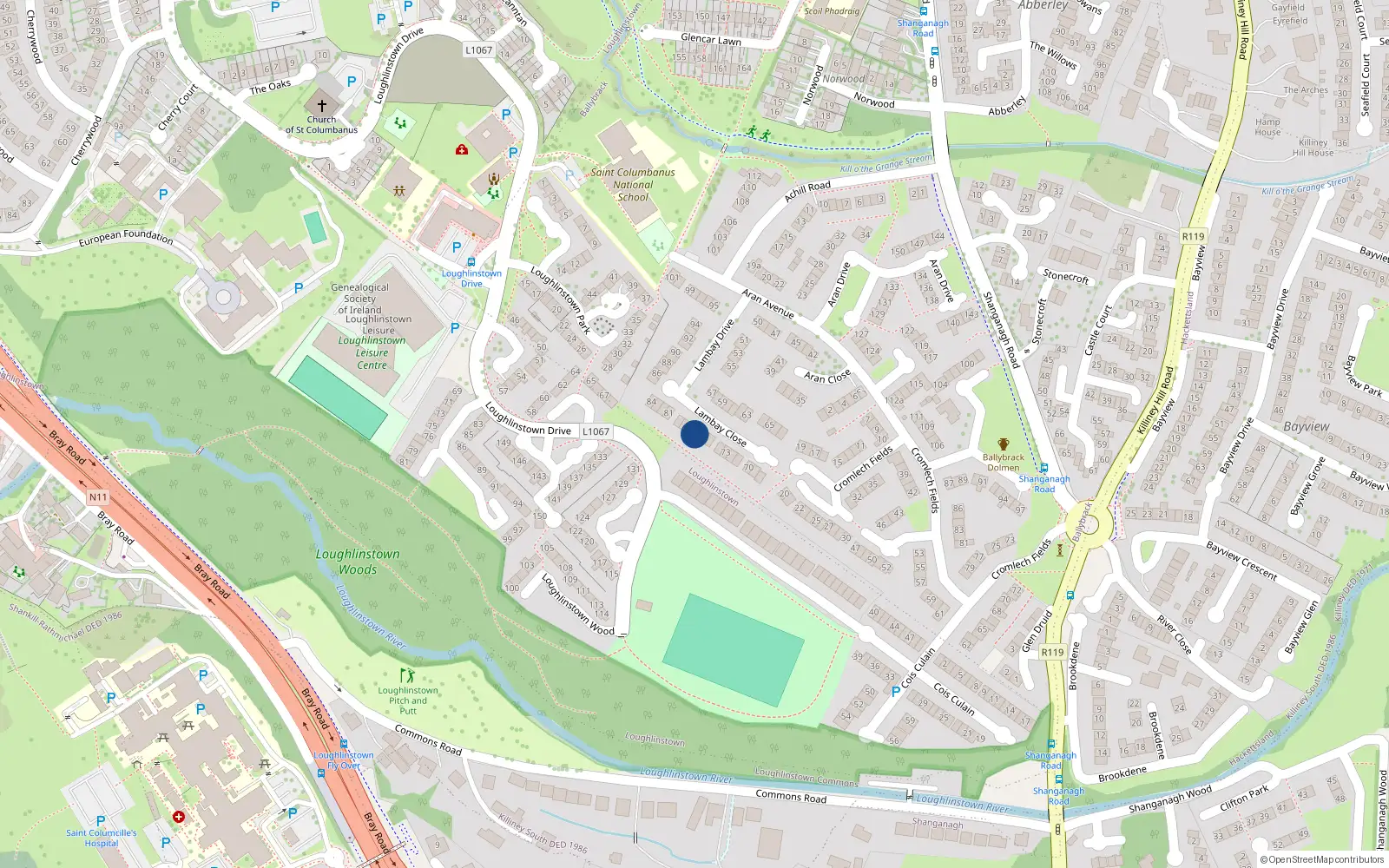 Overhead map showing the location of 77 Lambay Close, Dun Laoghaire