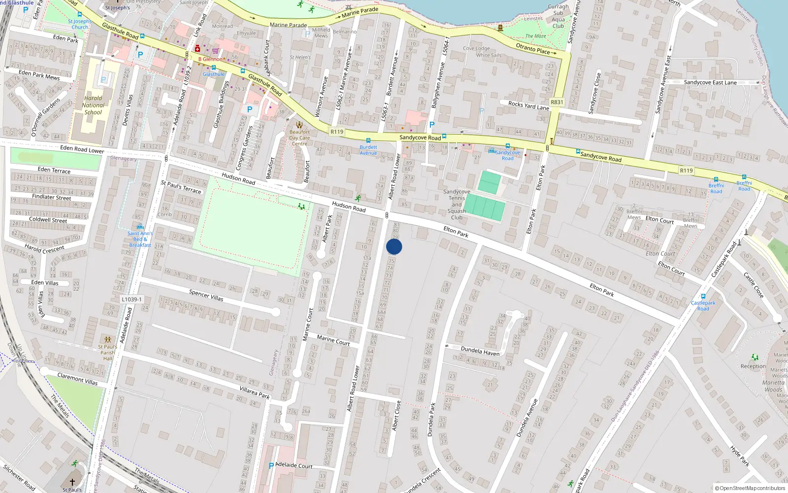 Overhead map showing the location of 77 Lower Albert Road, Glenageary, Dublin