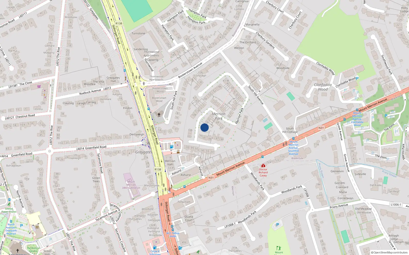 Overhead map showing the location of 77 Merrion Park, Blackrock