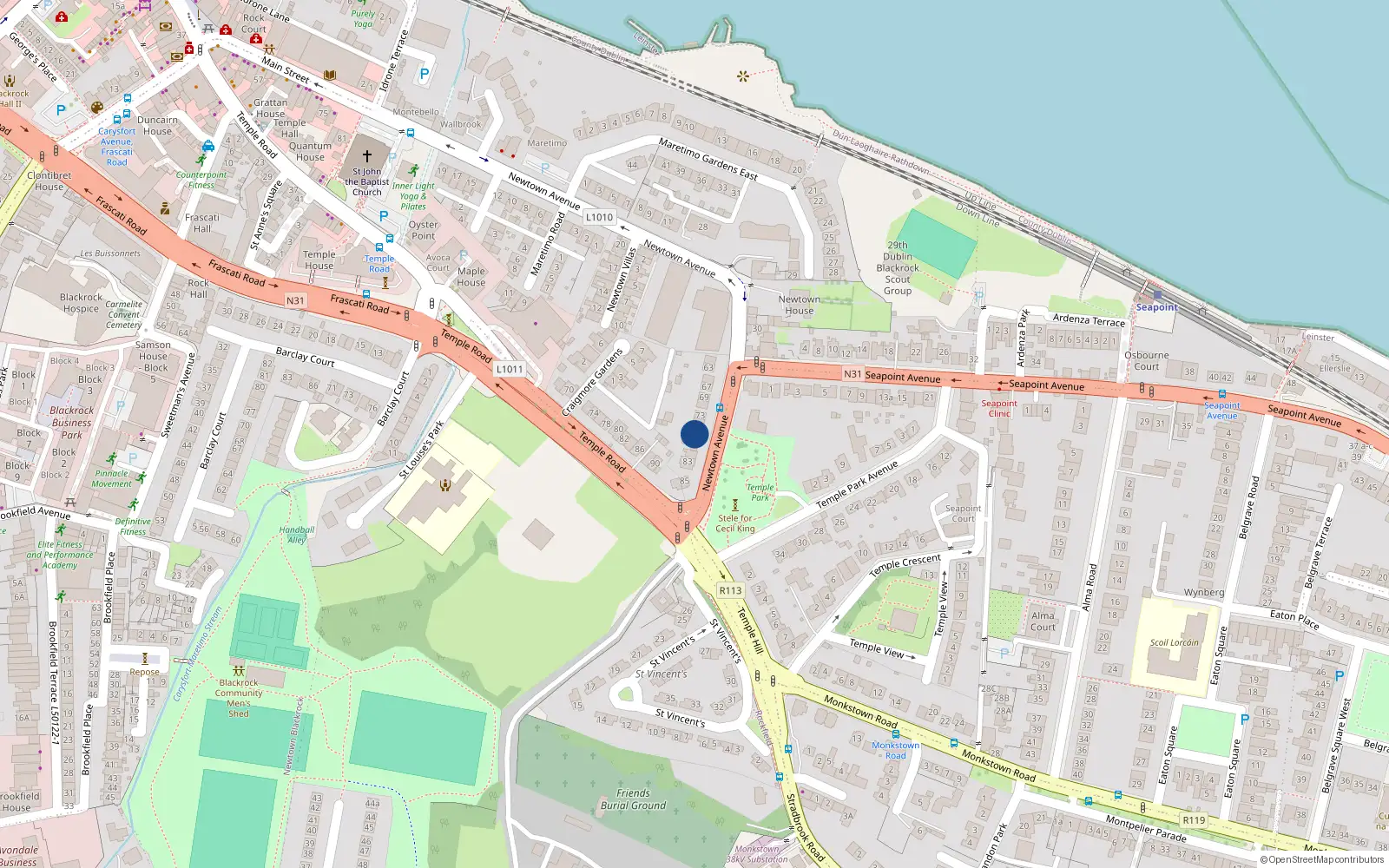 Overhead map showing the location of 77 Newtown Avenue, Blackrock, Dublin