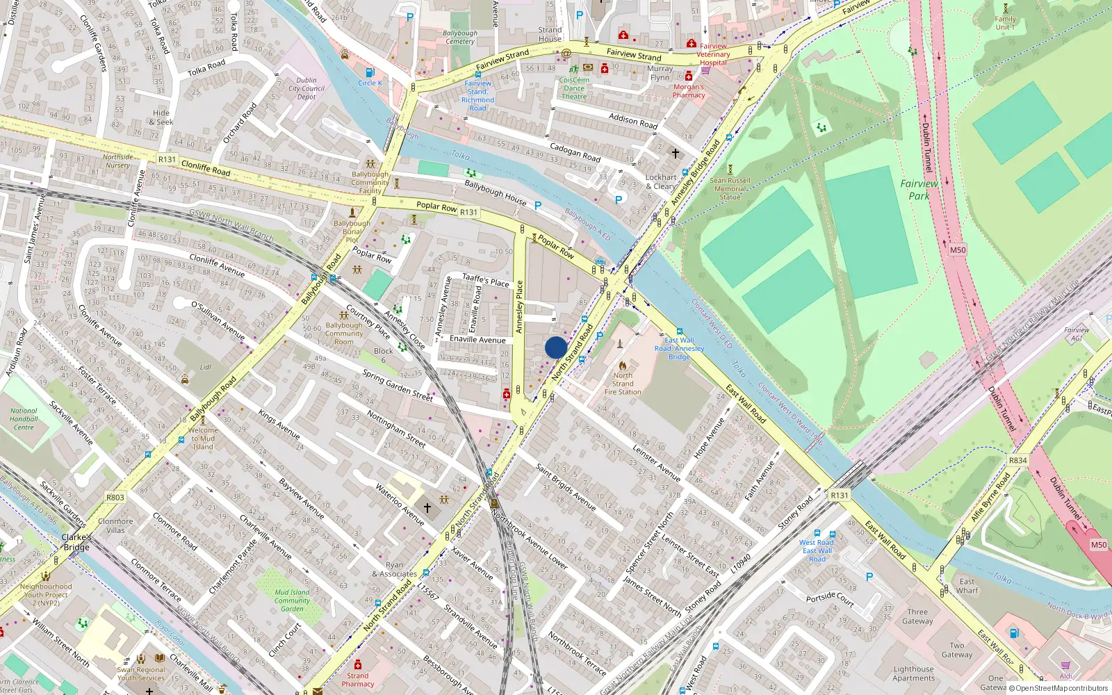 Overhead map showing the location of 77 North Strand Road, Fairview, Dublin 3