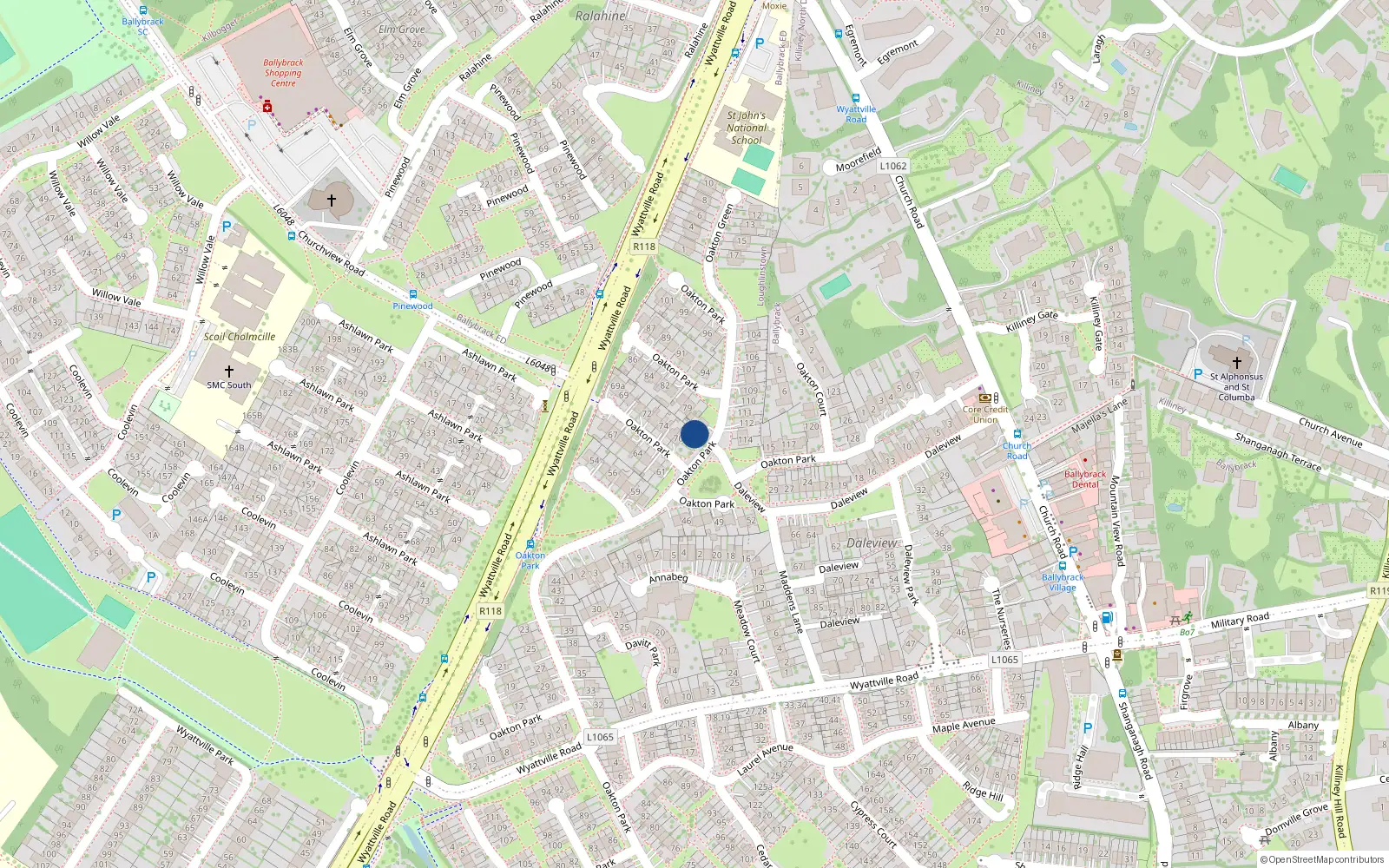 Overhead map showing the location of 77 Oakton Park, Ballybrack