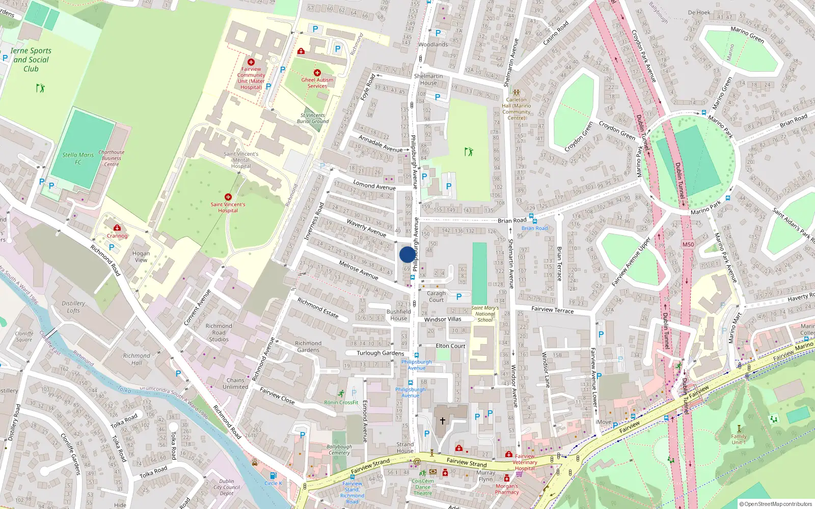 Overhead map showing the location of 77 Philipsburgh Avenue, Fairview, Dublin 3