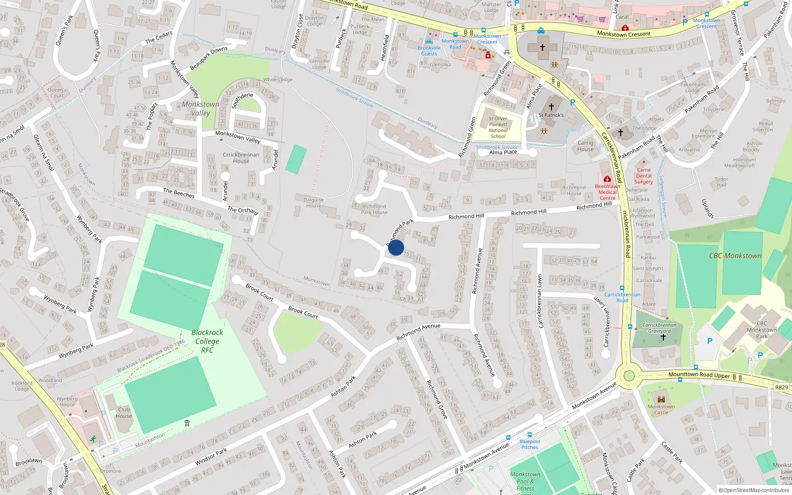 Overhead map showing the location of 77 Richmond Park, Dublin