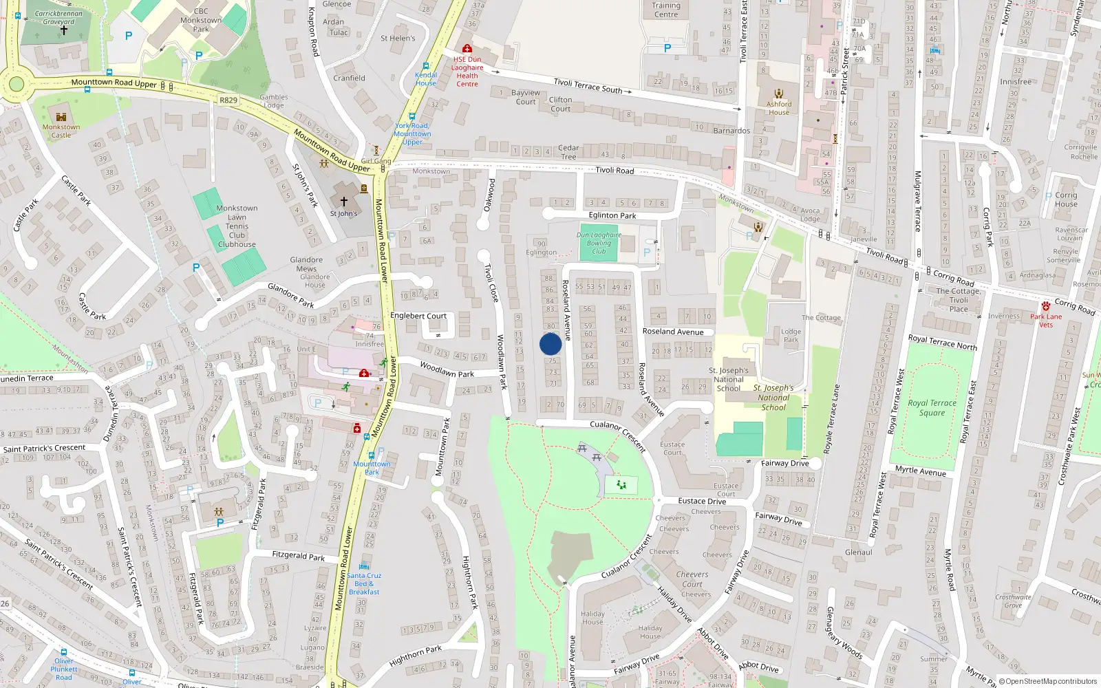 Overhead map showing the location of 77 Roseland Avenue, Dun Laoghaire