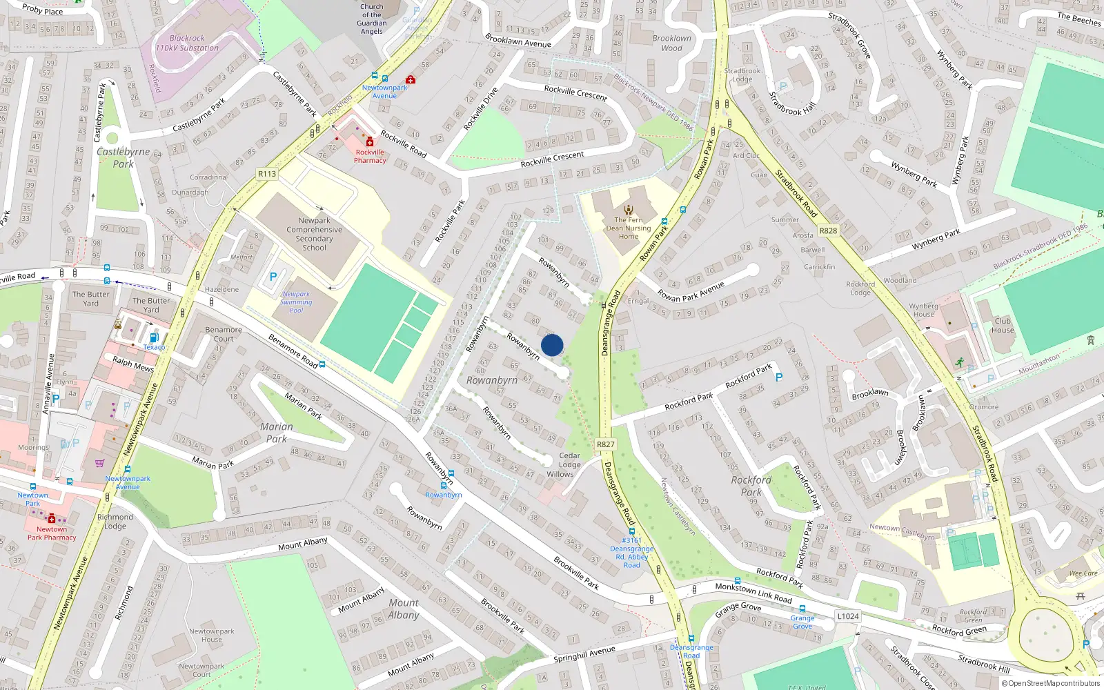 Overhead map showing the location of 77 Rowanbyrn, Blackrock