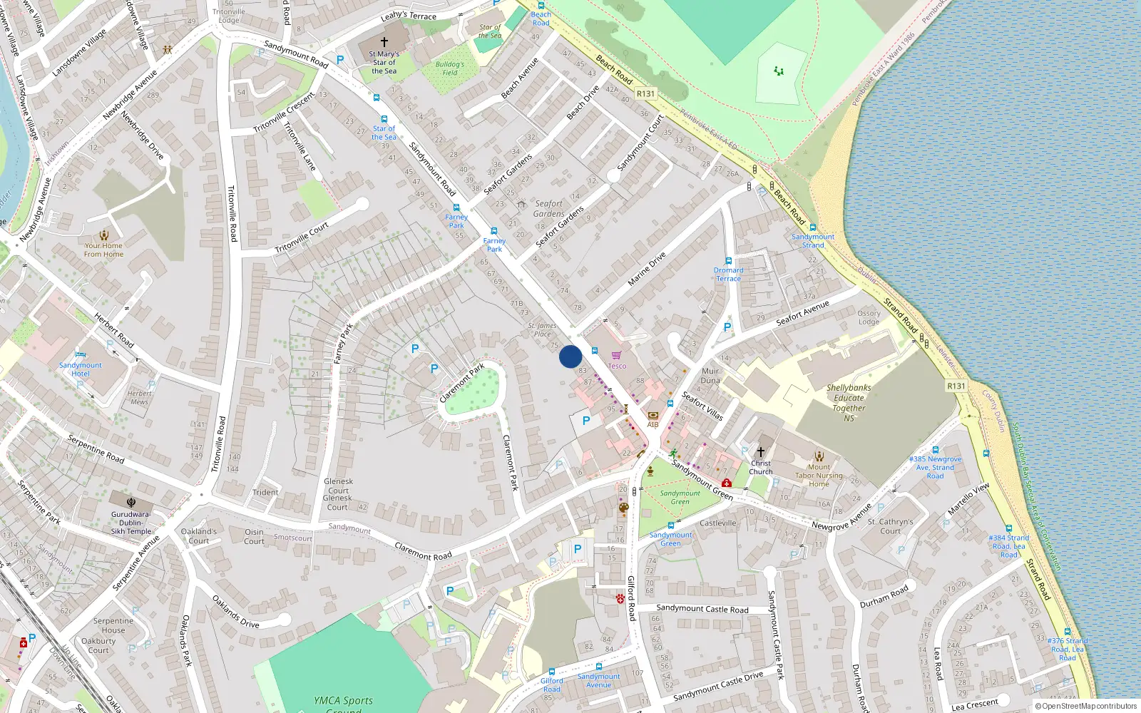Overhead map showing the location of 77 Sandymount Road, Sandymount