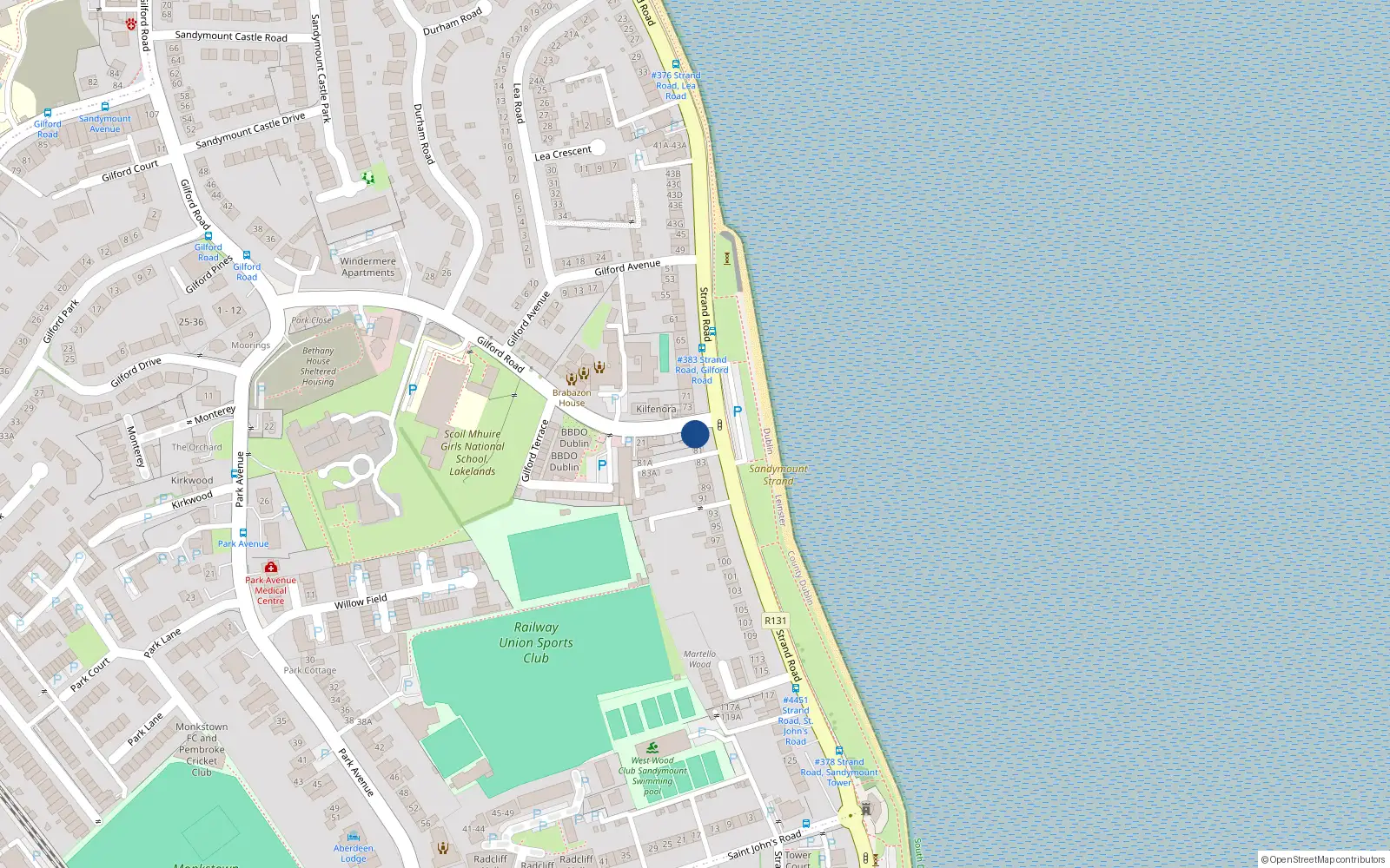 Overhead map showing the location of 77 Strand Road, Sandymount