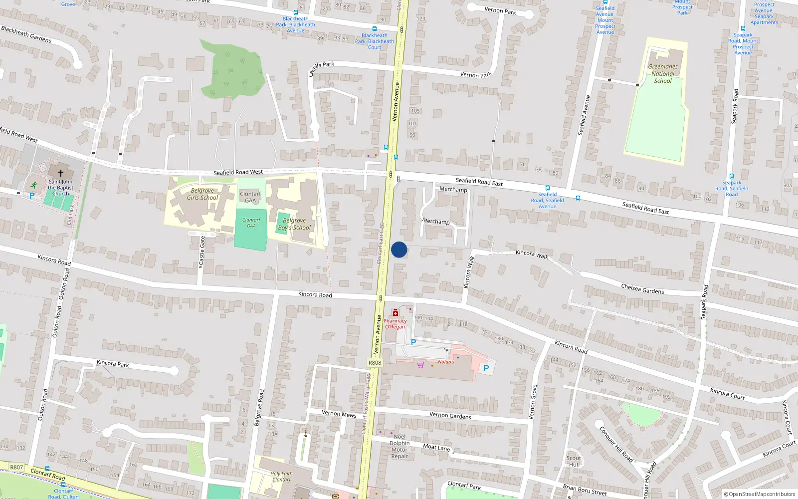 Overhead map showing the location of 77 Vernon Avenue, Clontarf, Dublin 3