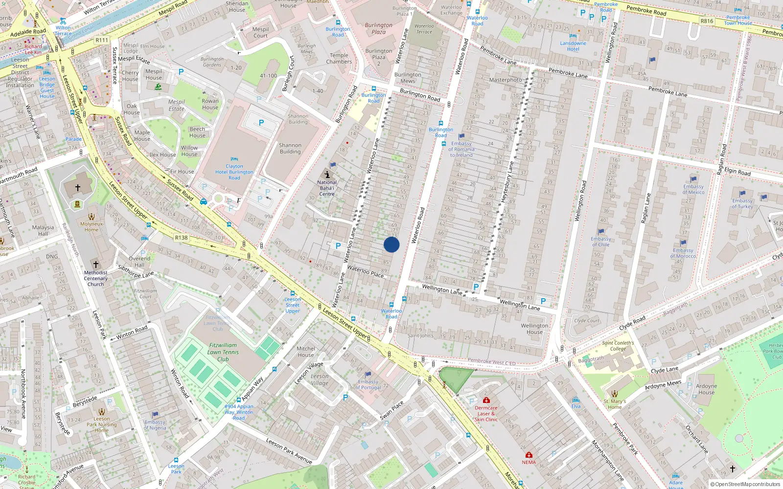 Overhead map showing the location of 77 Waterloo Road, Dublin 4