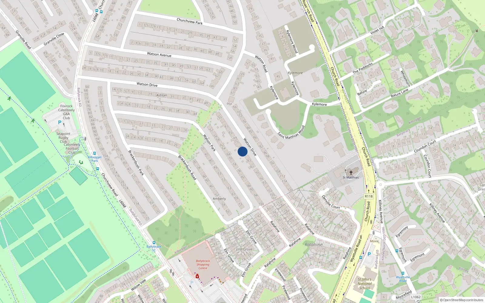 Overhead map showing the location of 77 Watson Drive, Killiney