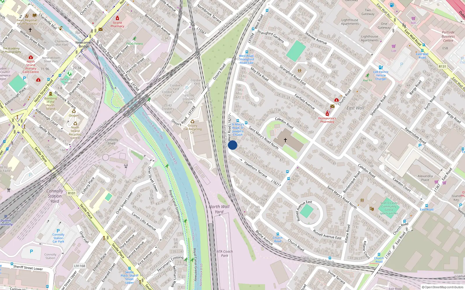 Overhead map showing the location of 77 West Road, East Wall, Dublin 3