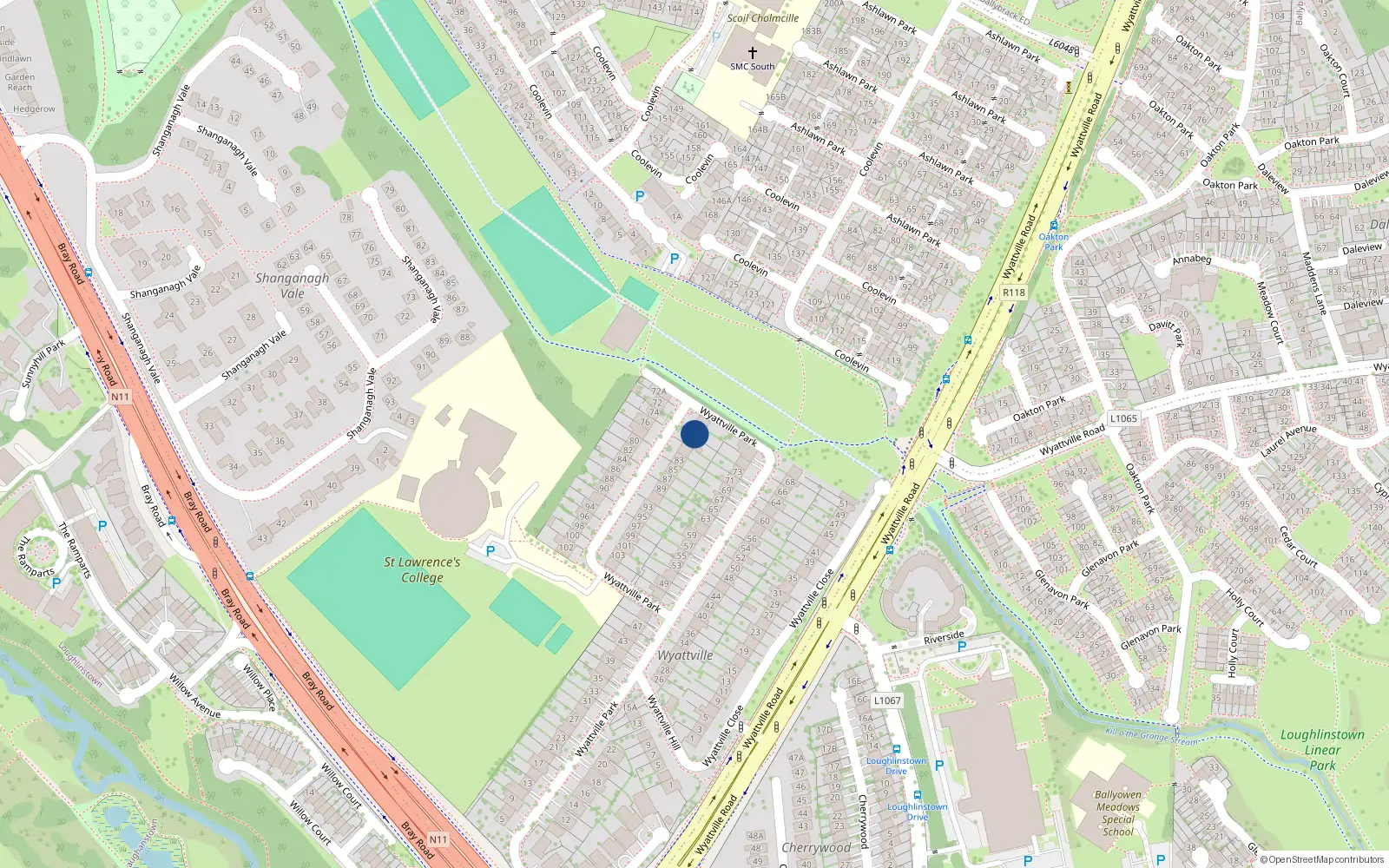 Overhead map showing the location of 77 Wyattville Park, Loughlinstown, Dun Laoghaire