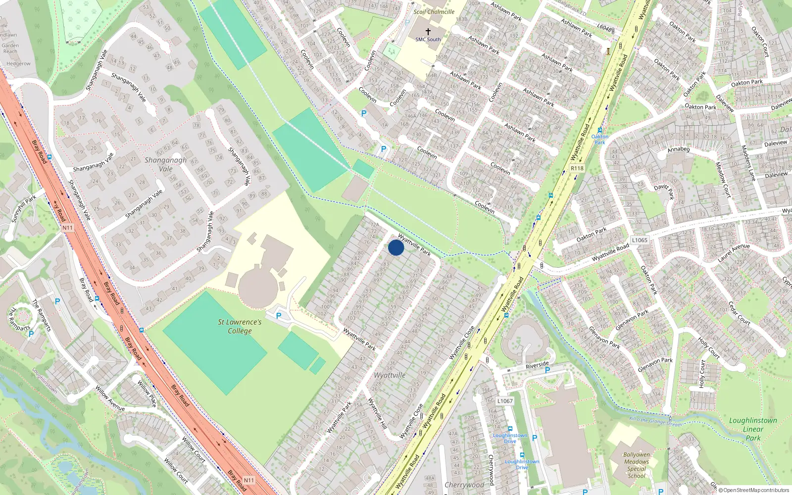 Overhead map showing the location of 77 Wyattville Park, Dublin