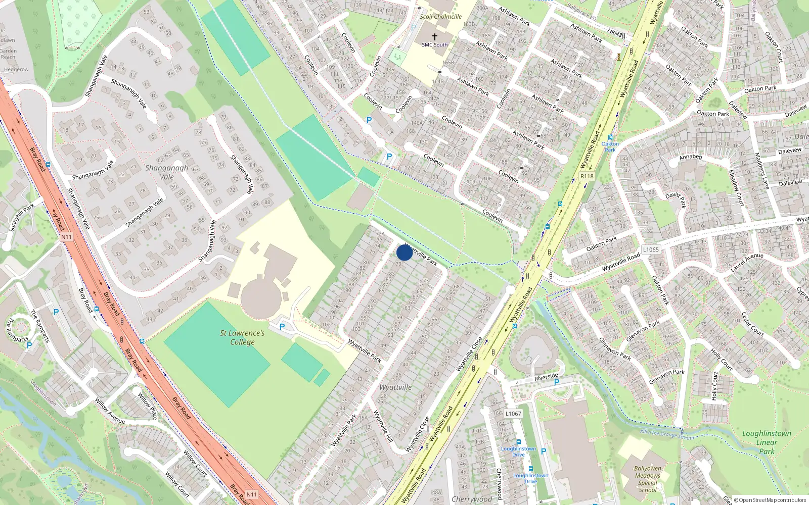 Overhead map showing the location of 77A Wyattville Park, Loughlinstown, Dublin