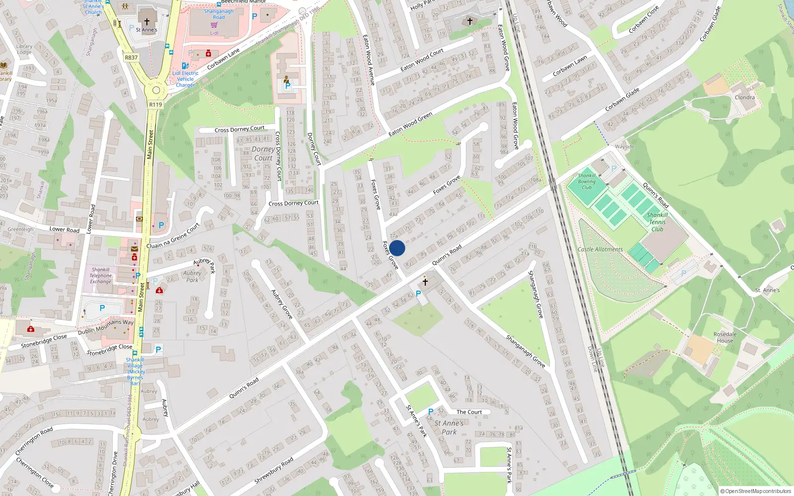Overhead map showing the location of 77B Foxes Grove, Shankill