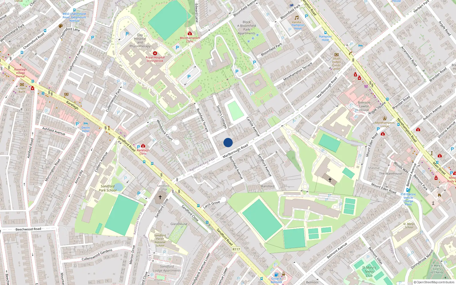 Overhead map showing the location of 77B Marlborough Road, Donnybrook