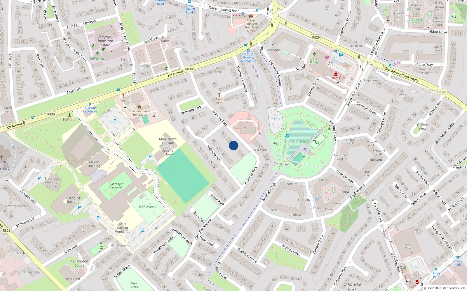 Overhead map showing the location of 78 Ardmore Park, Kill Avenue, Dun Laoghaire