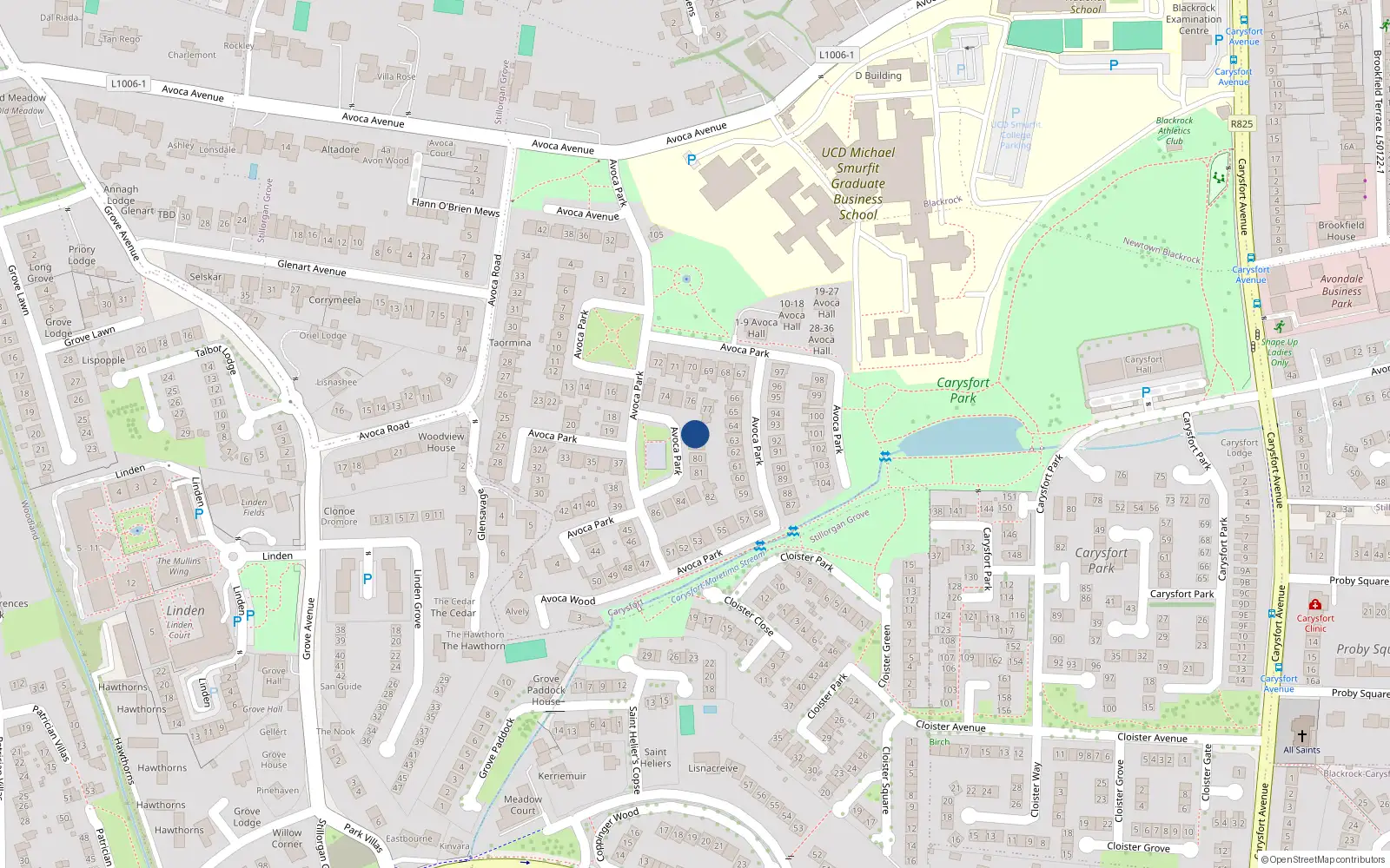 Overhead map showing the location of 78 Avoca Park, Blackrock, Co Dublin