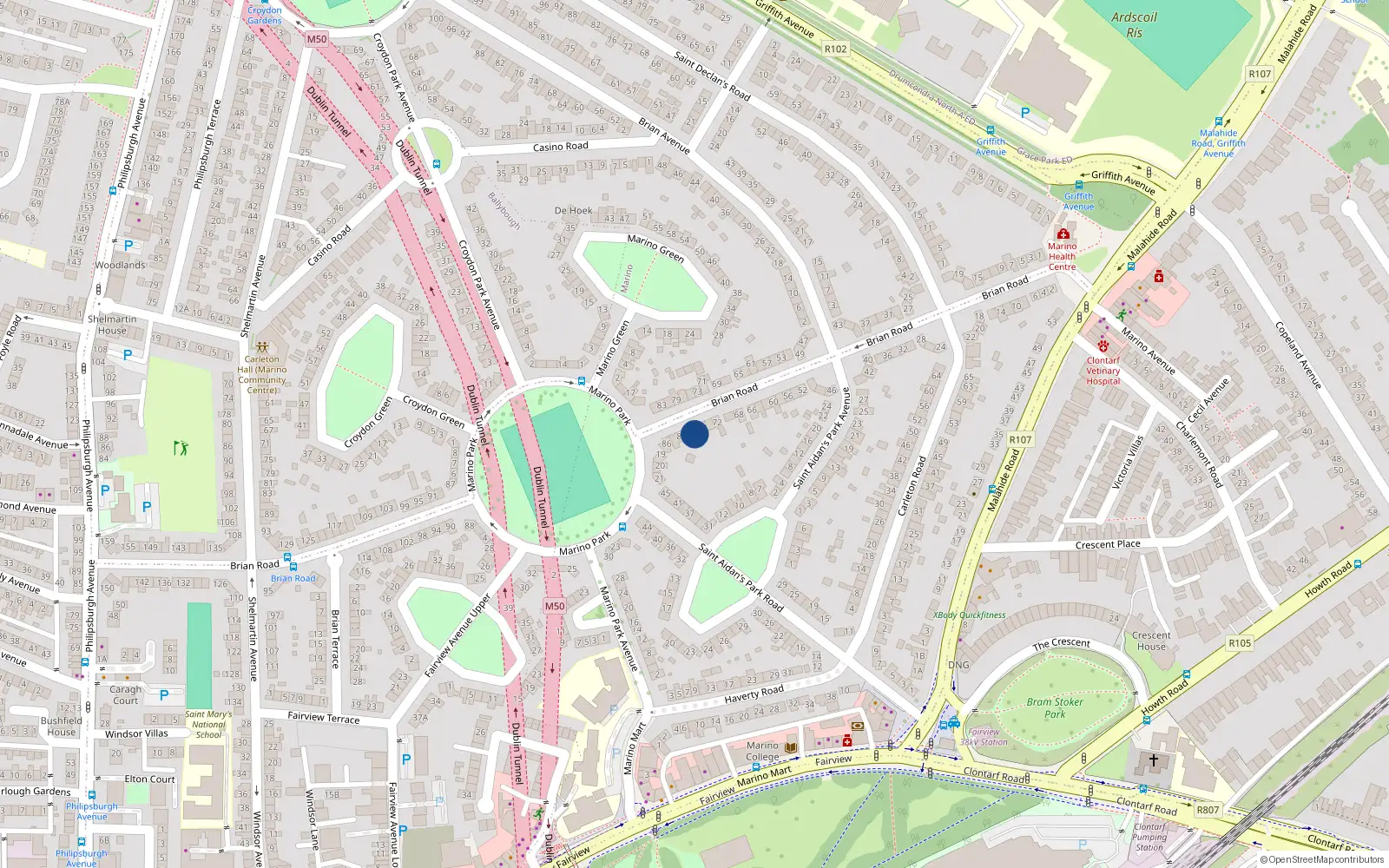 Overhead map showing the location of 78 Brian Road, Marino, Dublin 3
