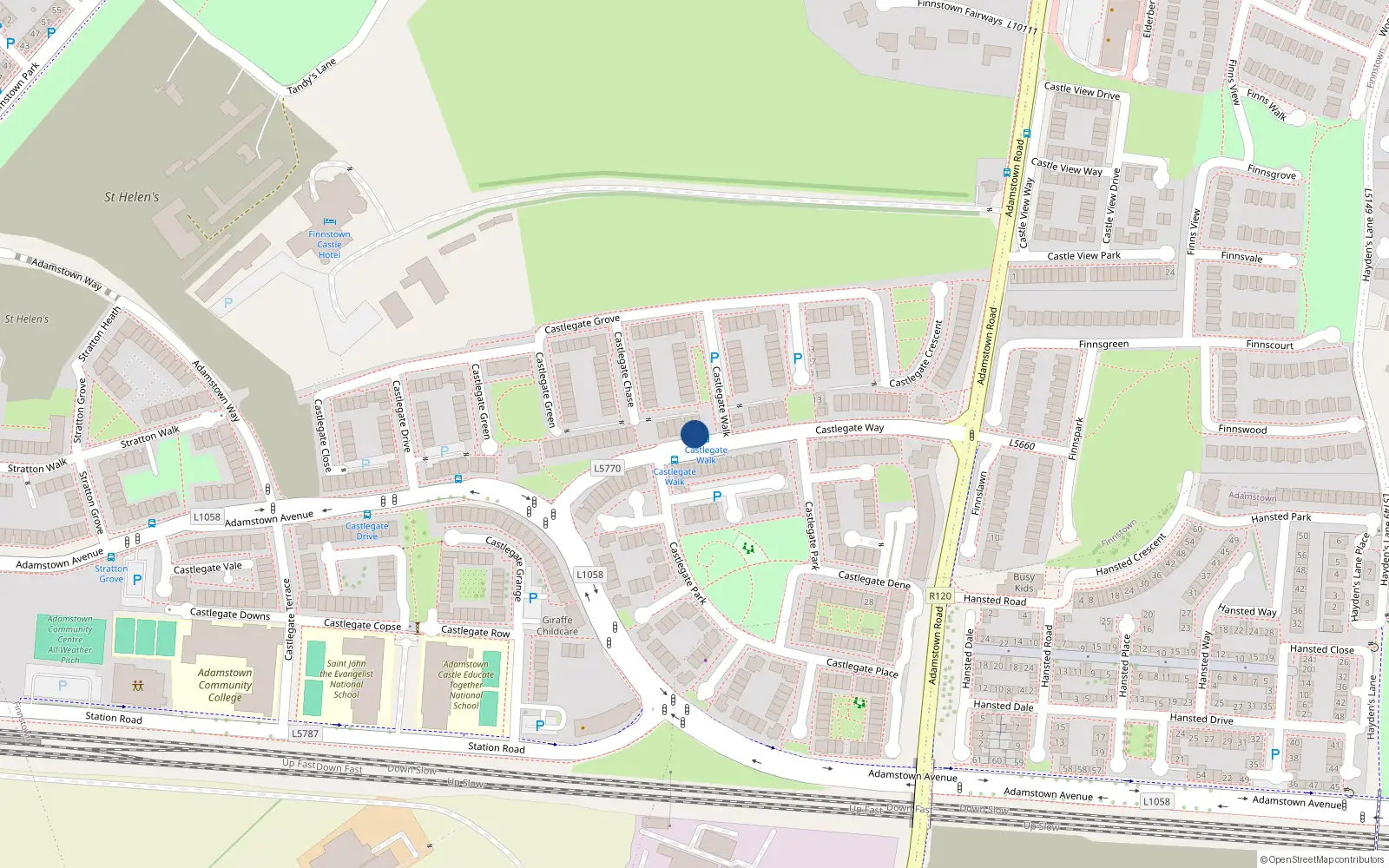 Overhead map showing the location of 78 Castlegate Way, Lucan
