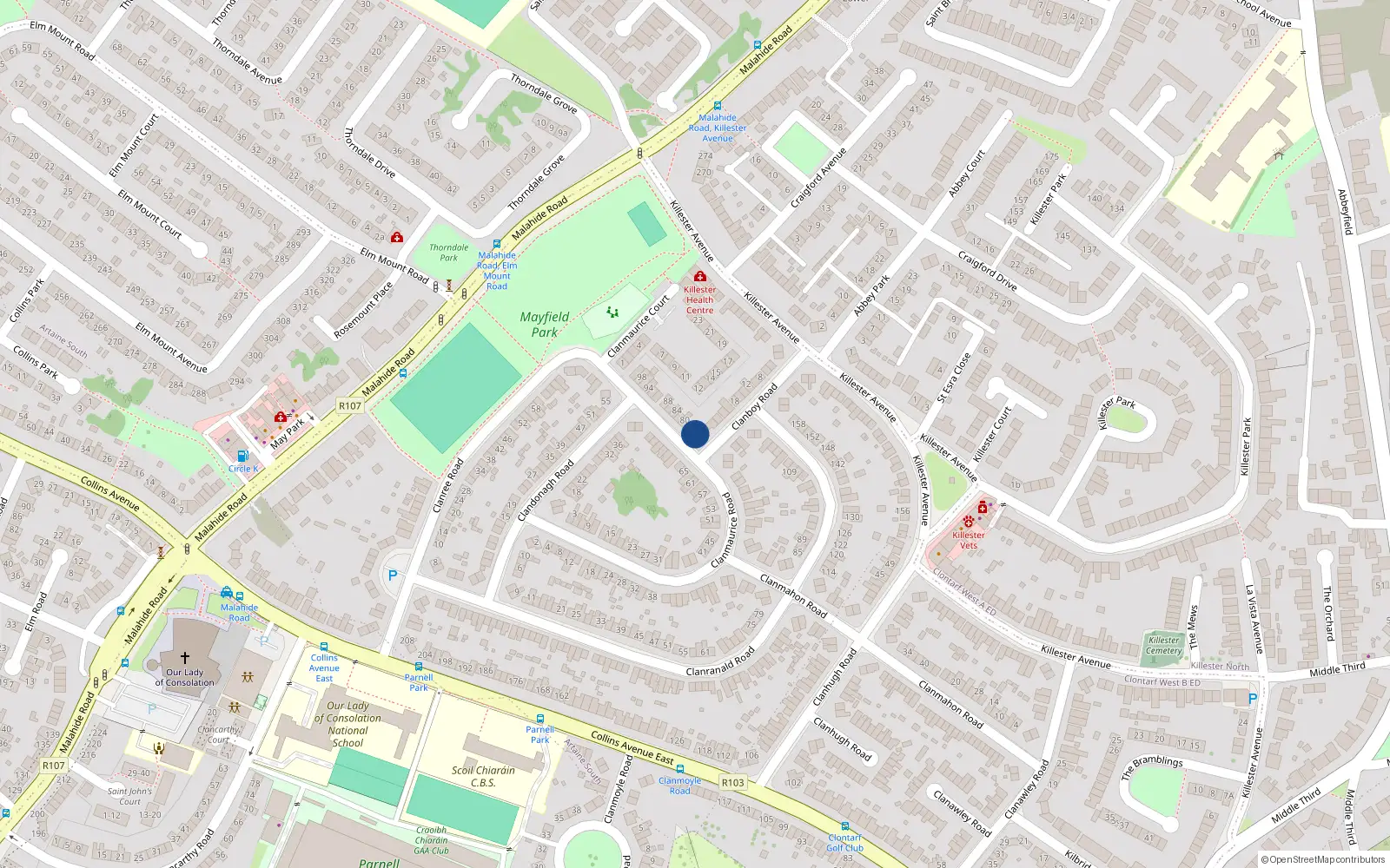 Overhead map showing the location of 78 Clanmaurice Road, Dublin 5