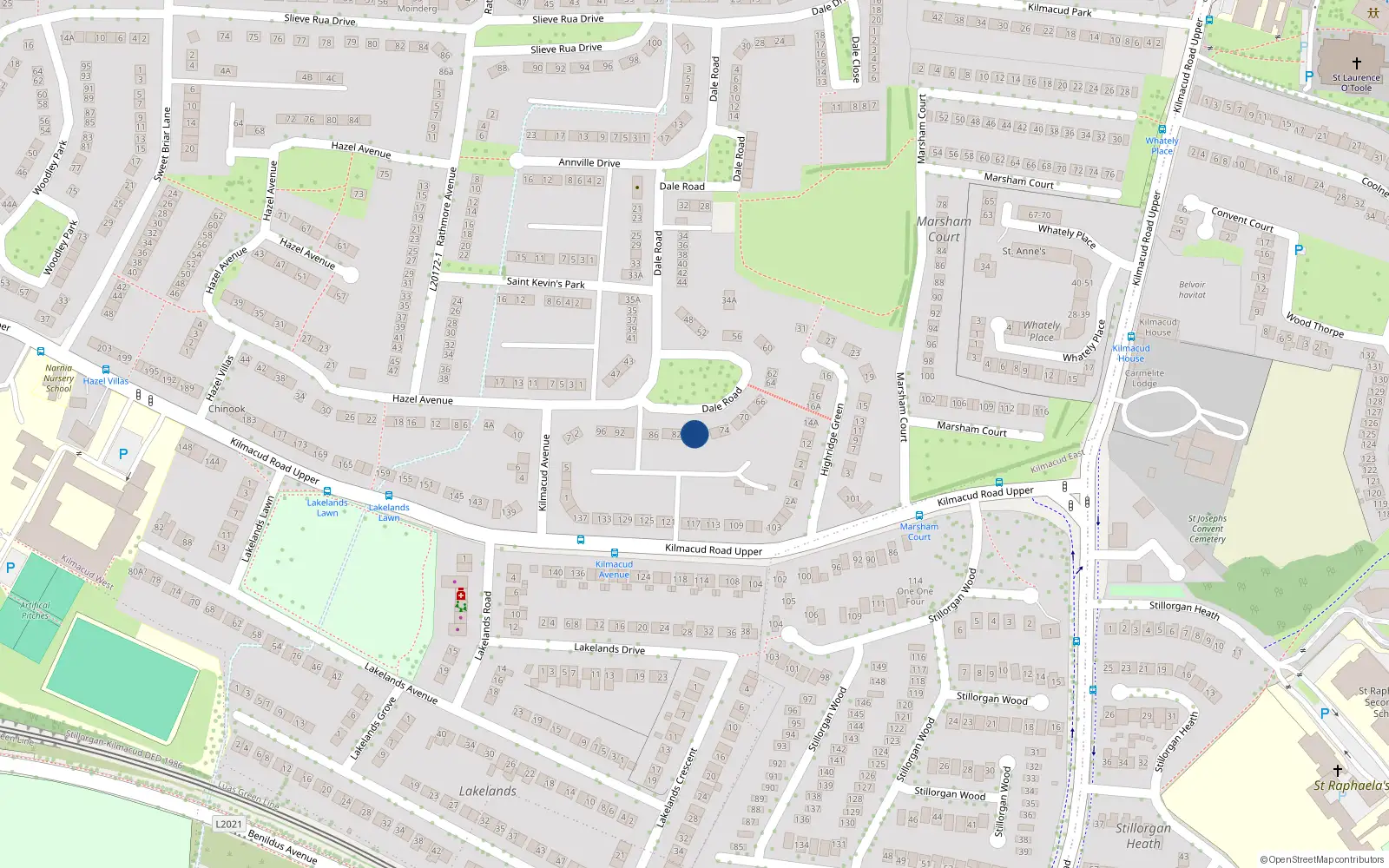 Overhead map showing the location of 78 Dale Road, Dublin