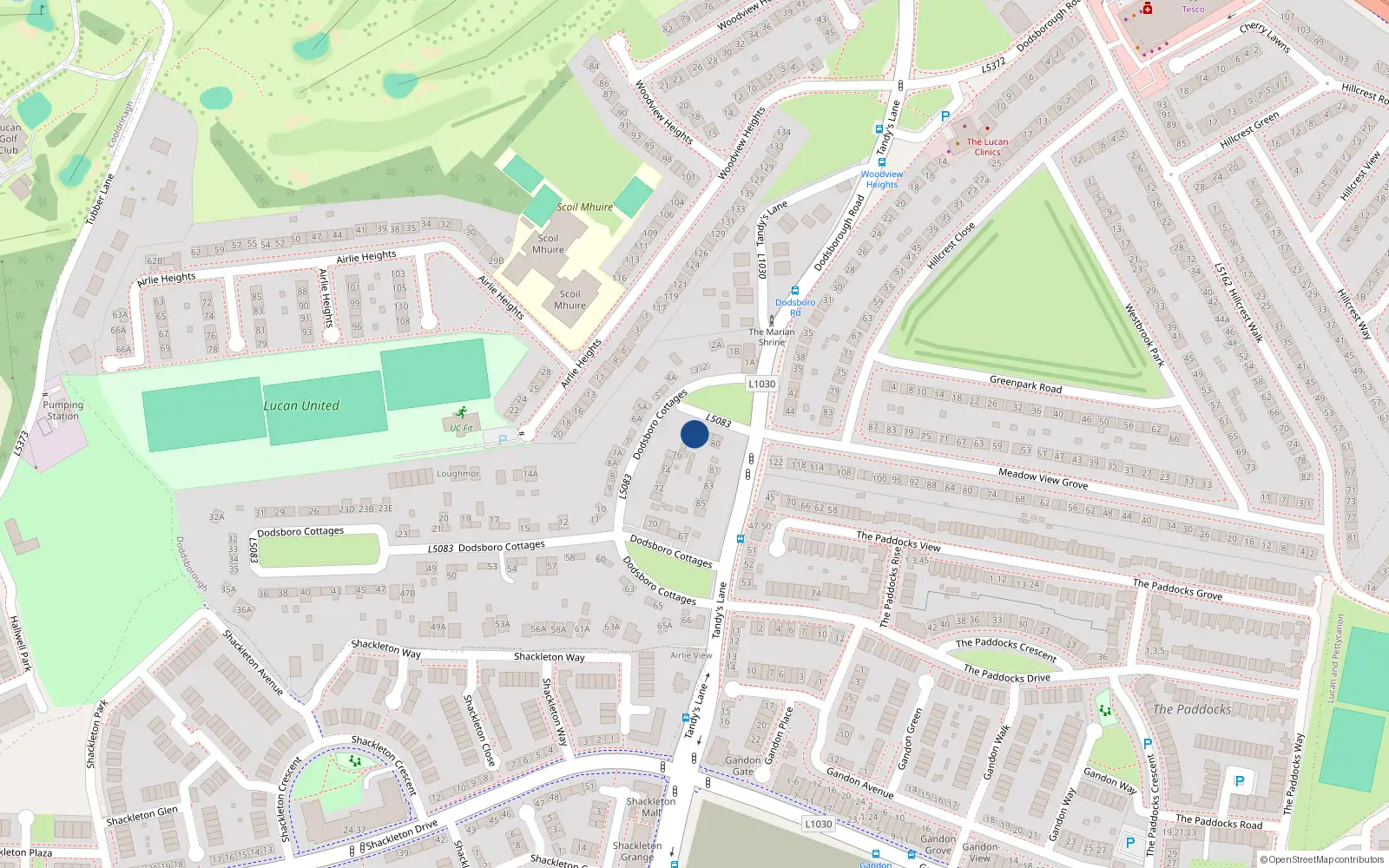Overhead map showing the location of 78 Dodsborough Cottages, Lucan