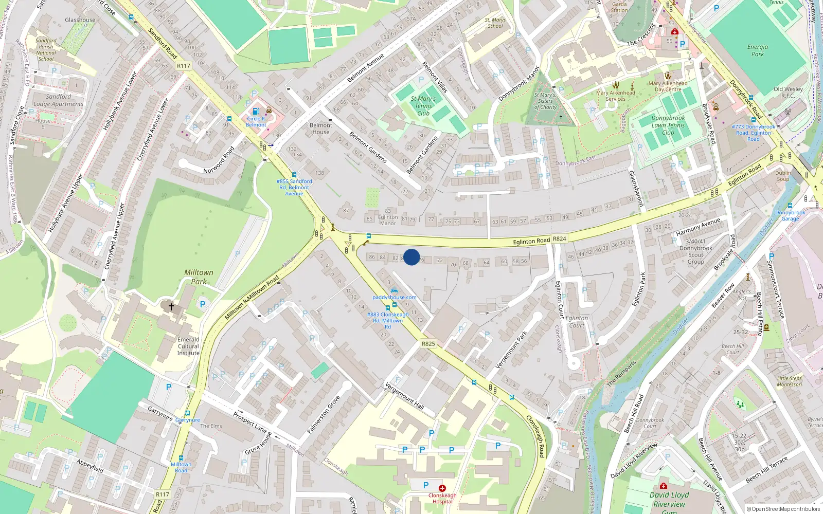 Overhead map showing the location of 78 Eglinton Road, Donnybrook