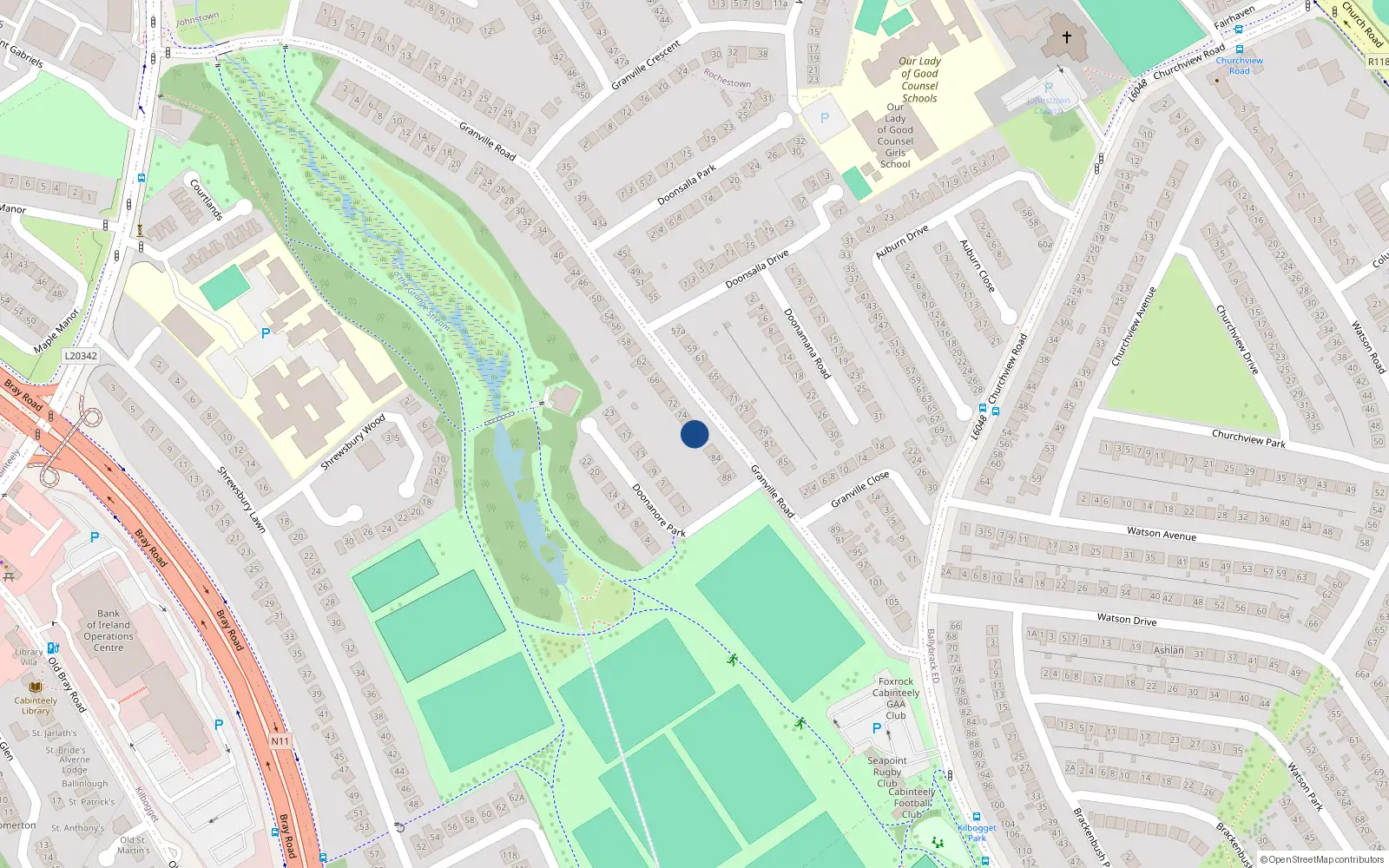 Overhead map showing the location of 78 Granville Road, Dun Laoghaire, Dublin