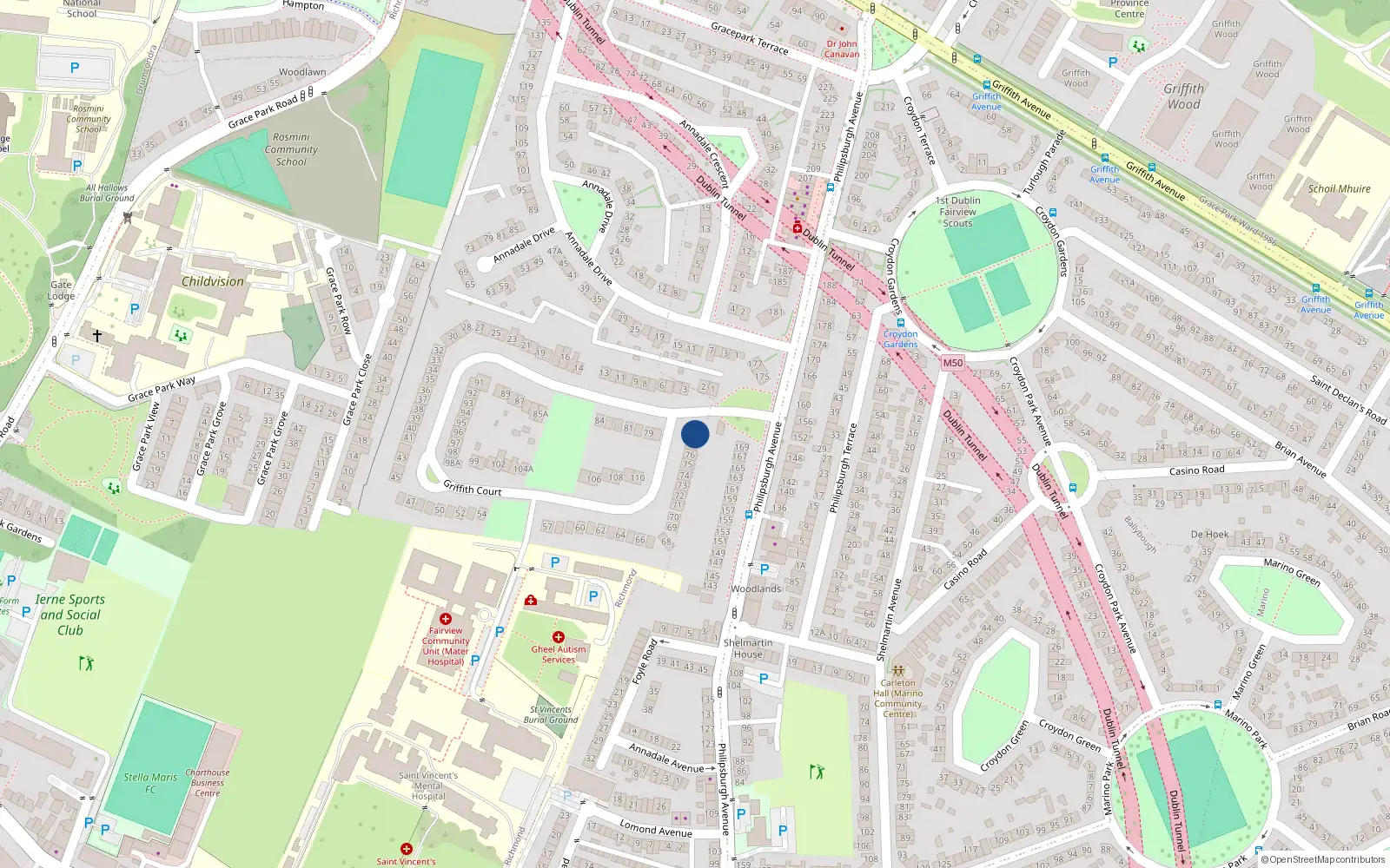 Overhead map showing the location of 78 Griffith Court, Dublin 3