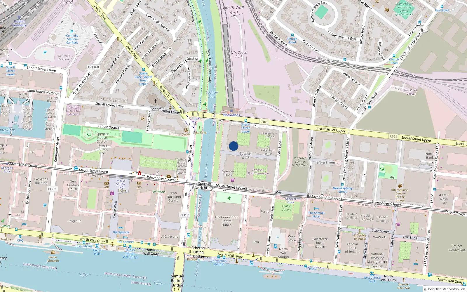 Overhead map showing the location of 78 Hill of Down, Spencer Dock, Mayor St Dublin 1
