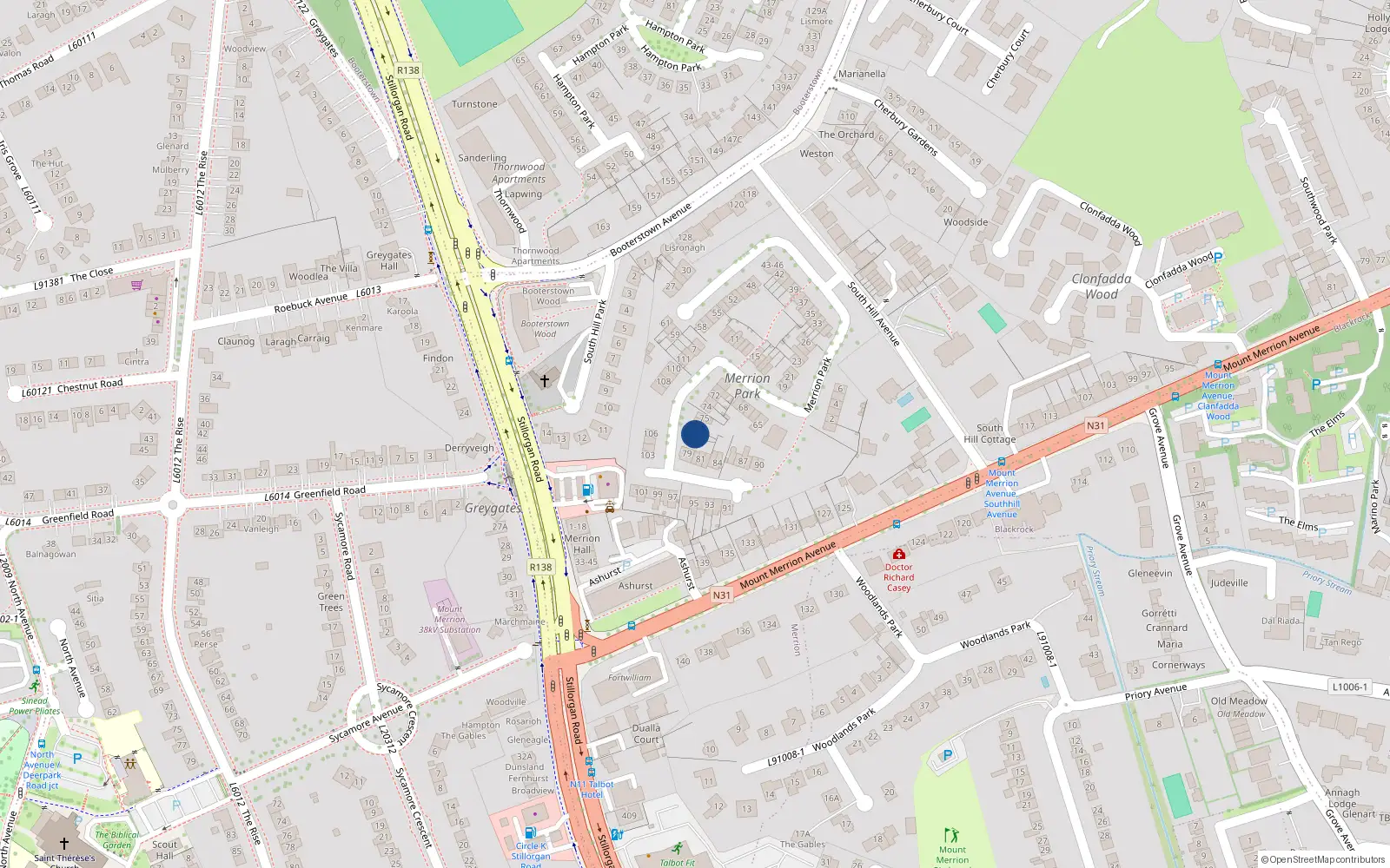 Overhead map showing the location of 78 Merrion Park, Booterstown, Blackrock