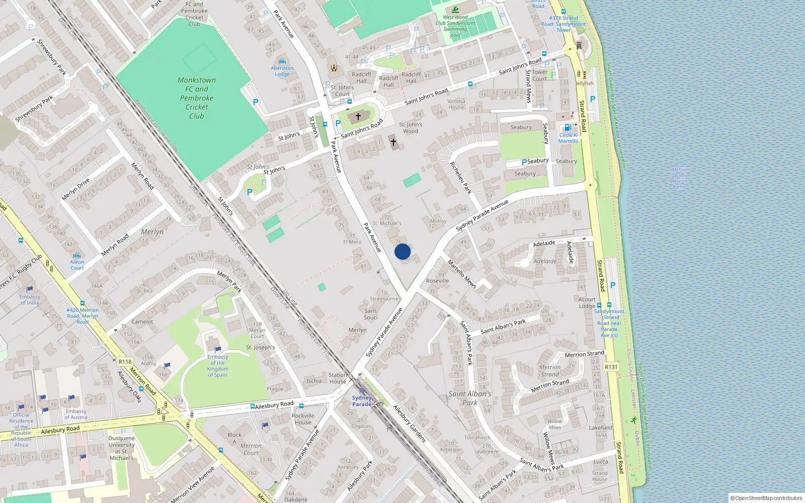 Overhead map showing the location of 78 Park Avenue, Dublin 4