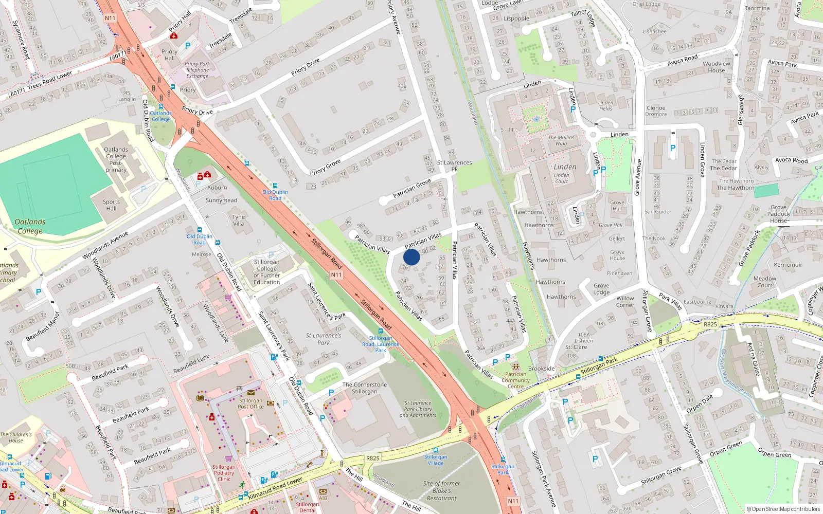 Overhead map showing the location of 78 Patrician Villas, Stillorgan, Dublin
