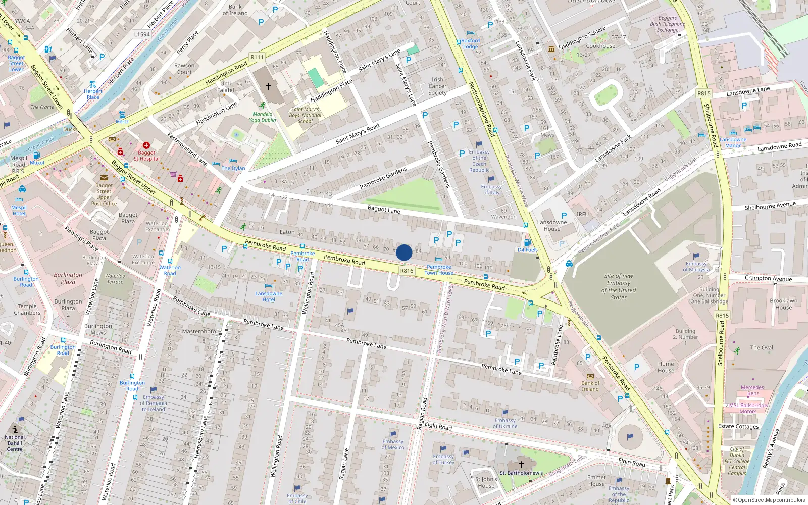 Overhead map showing the location of 78 Pembroke Road, Dublin