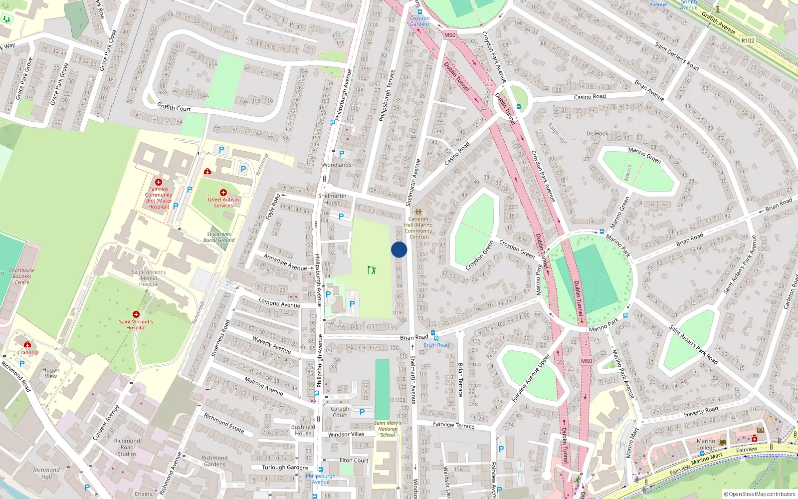 Overhead map showing the location of 78 Shelmartin Avenue, Marino, Dublin 3