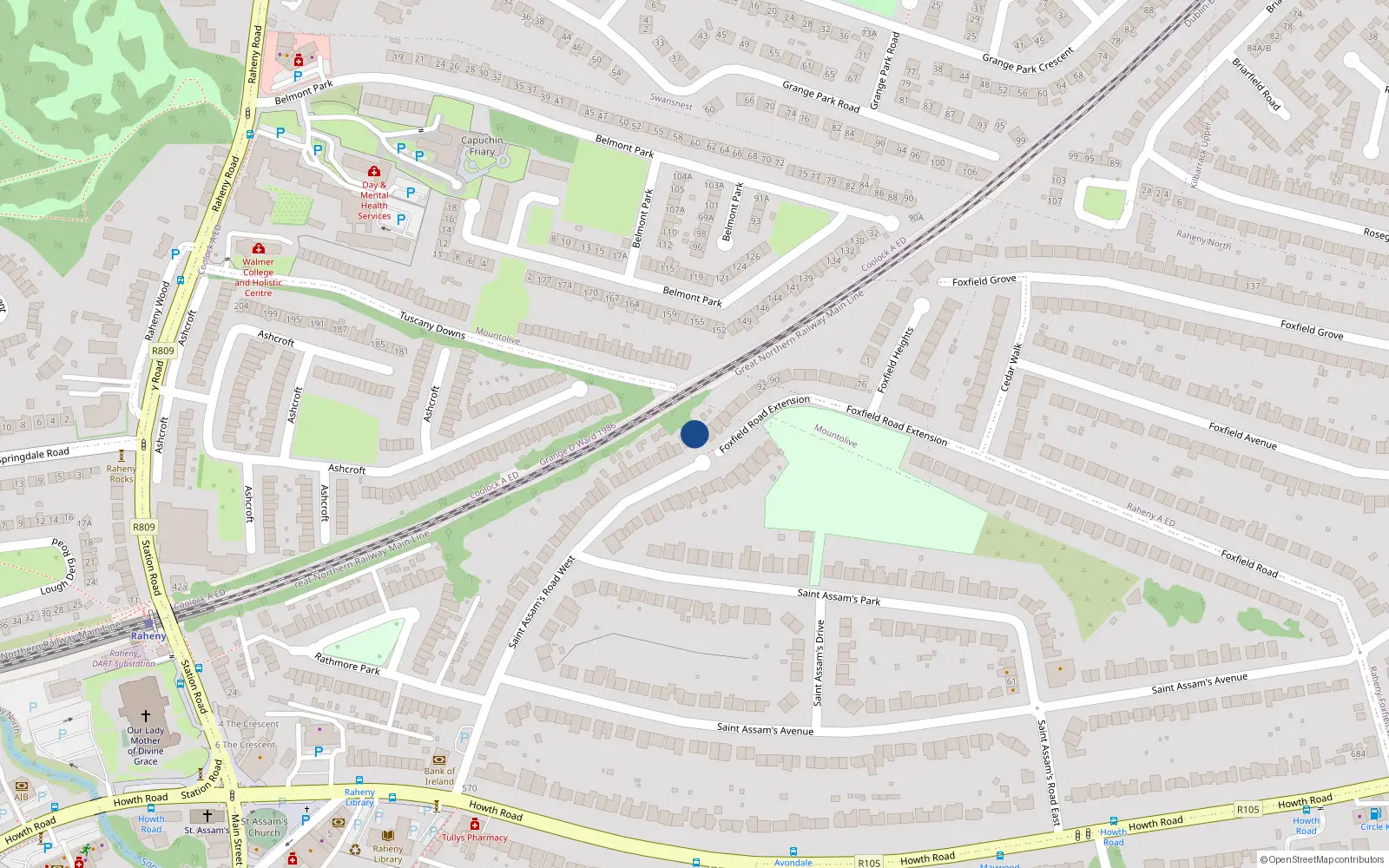 Overhead map showing the location of 78 St. Assams Road West, Raheny