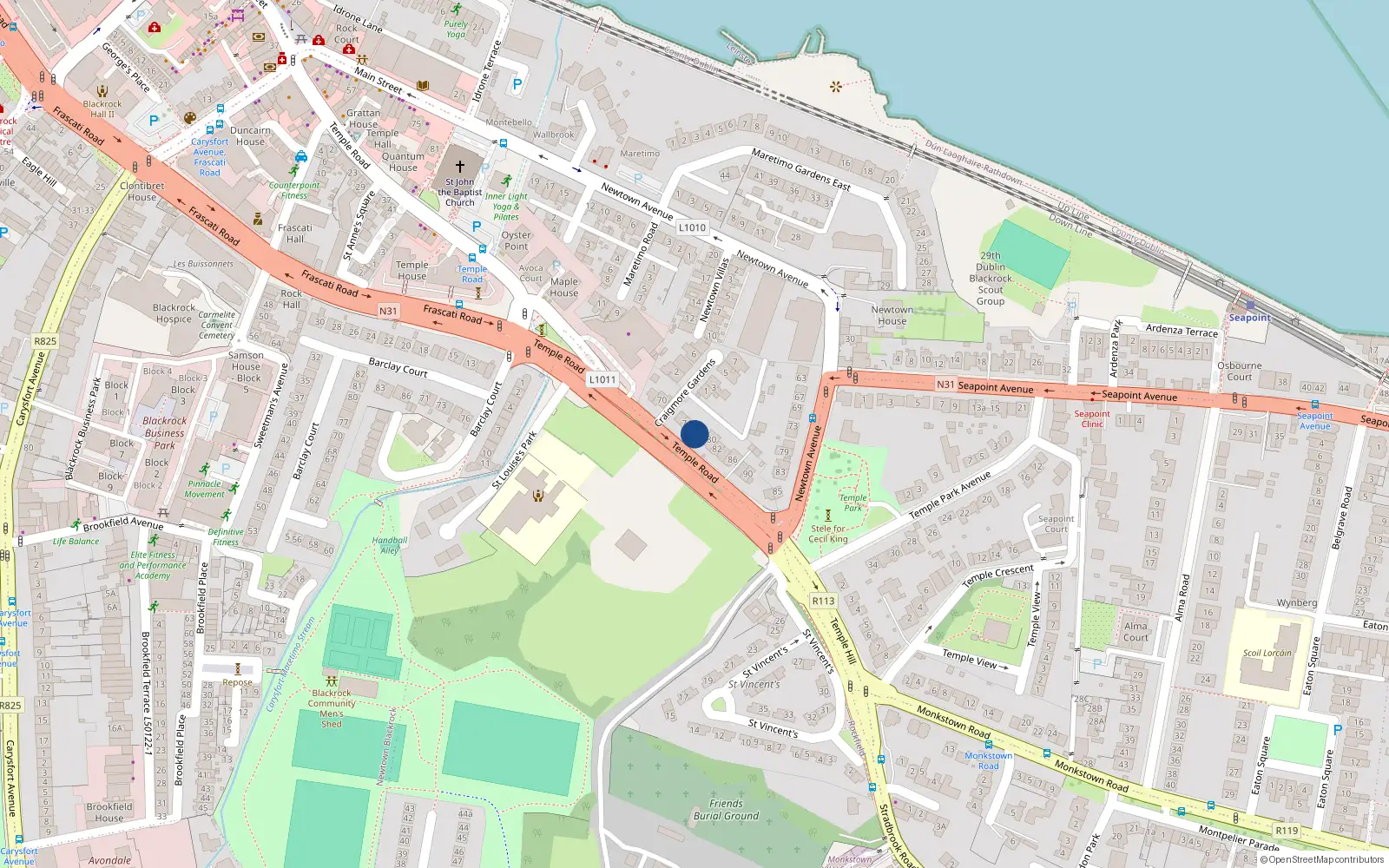 Overhead map showing the location of 78 Temple Road, Blackrock